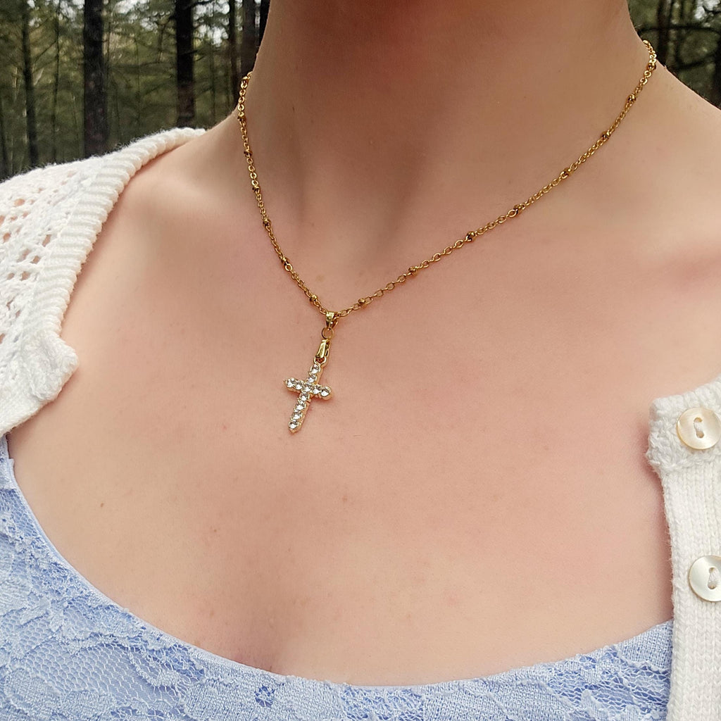 18k Gold Plated Stainless Steel Cross Necklace • Cubic Zirconia Crucifix • Waterproof Faith Jewelry