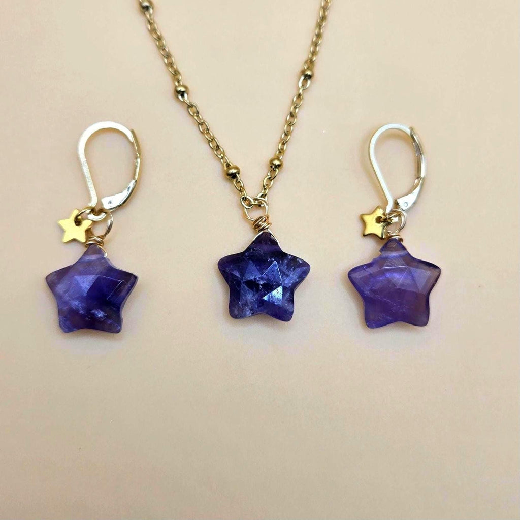Natural Amethyst Star Jewelry Set, 18K Gold Plated Celestial Necklace, Earrings