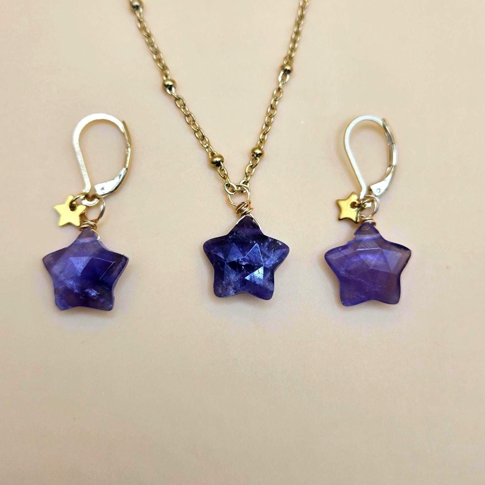 Natural Amethyst Star Jewelry Set, 18K Gold Plated Celestial Necklace, Earrings