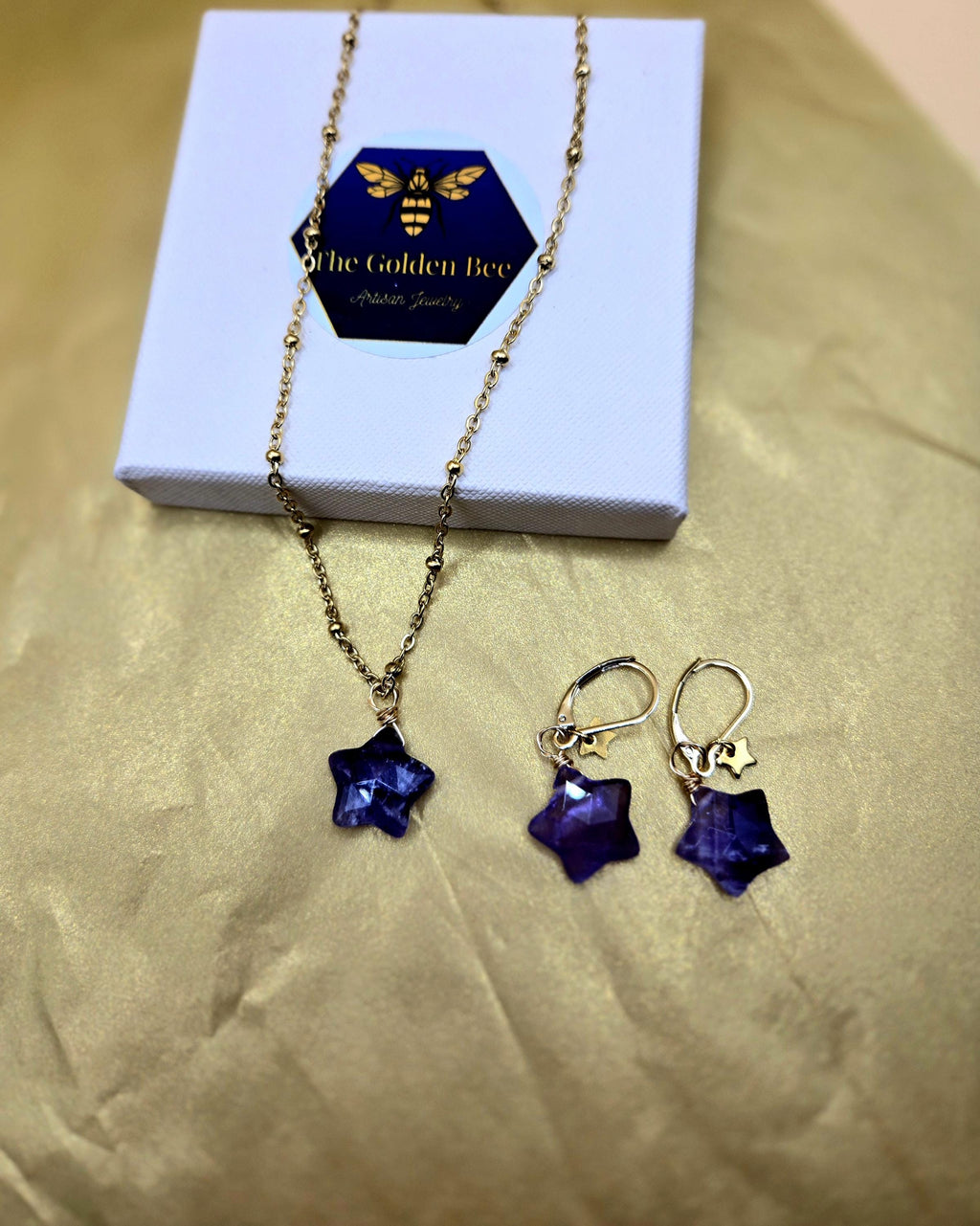 Natural Amethyst Star Jewelry Set, 18K Gold Plated Celestial Necklace, Earrings