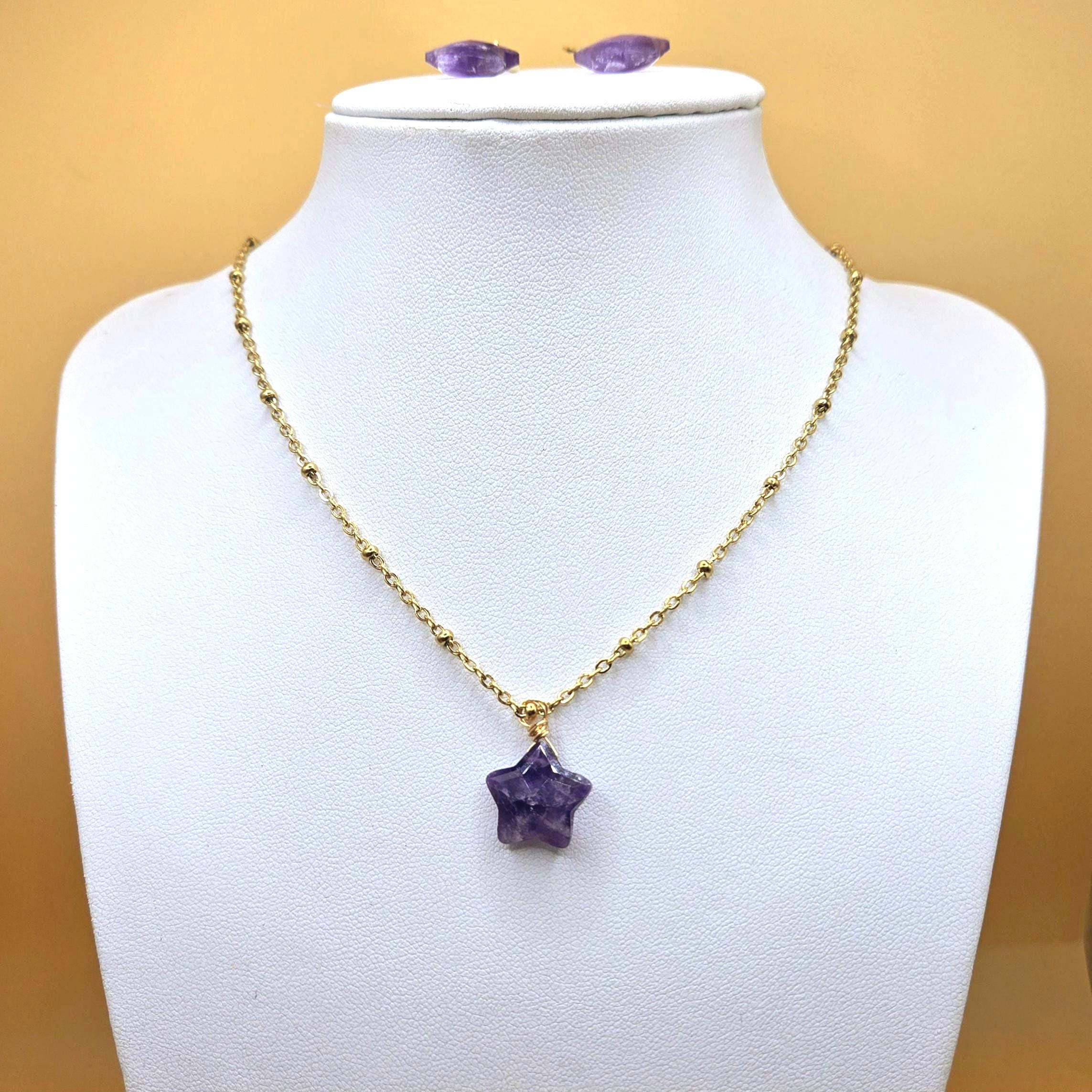 Natural Amethyst Star Jewelry Set, 18K Gold Plated Celestial Necklace, Earrings