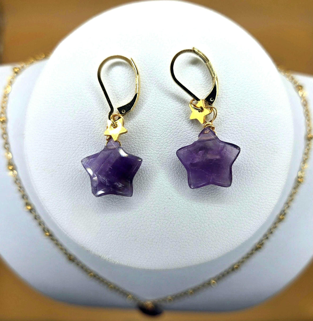 Natural Amethyst Star Jewelry Set, 18K Gold Plated Celestial Necklace, Earrings