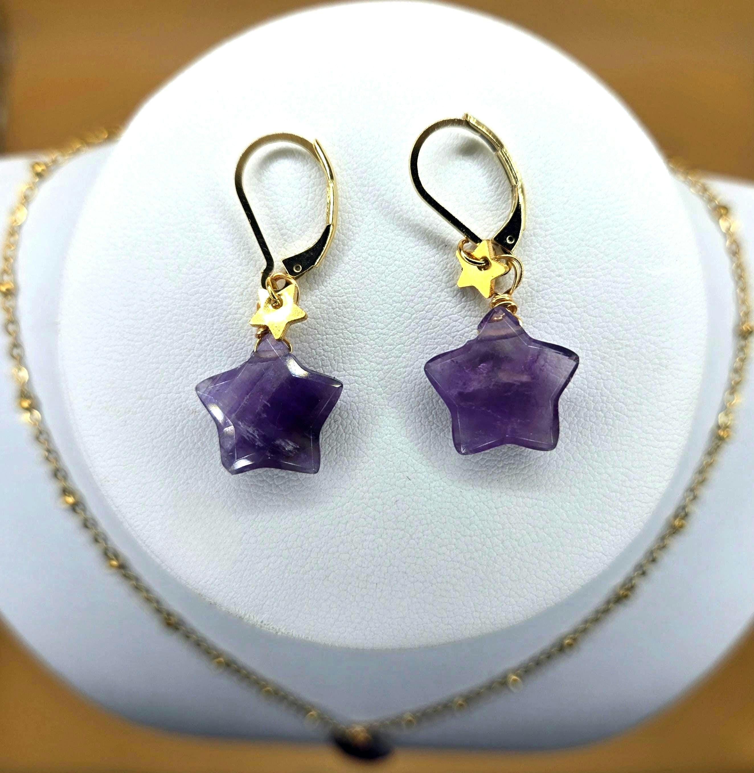 Natural Amethyst Star Jewelry Set, 18K Gold Plated Celestial Necklace, Earrings