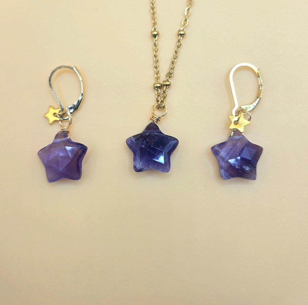 Natural Amethyst Star Jewelry Set, 18K Gold Plated Celestial Necklace, Earrings