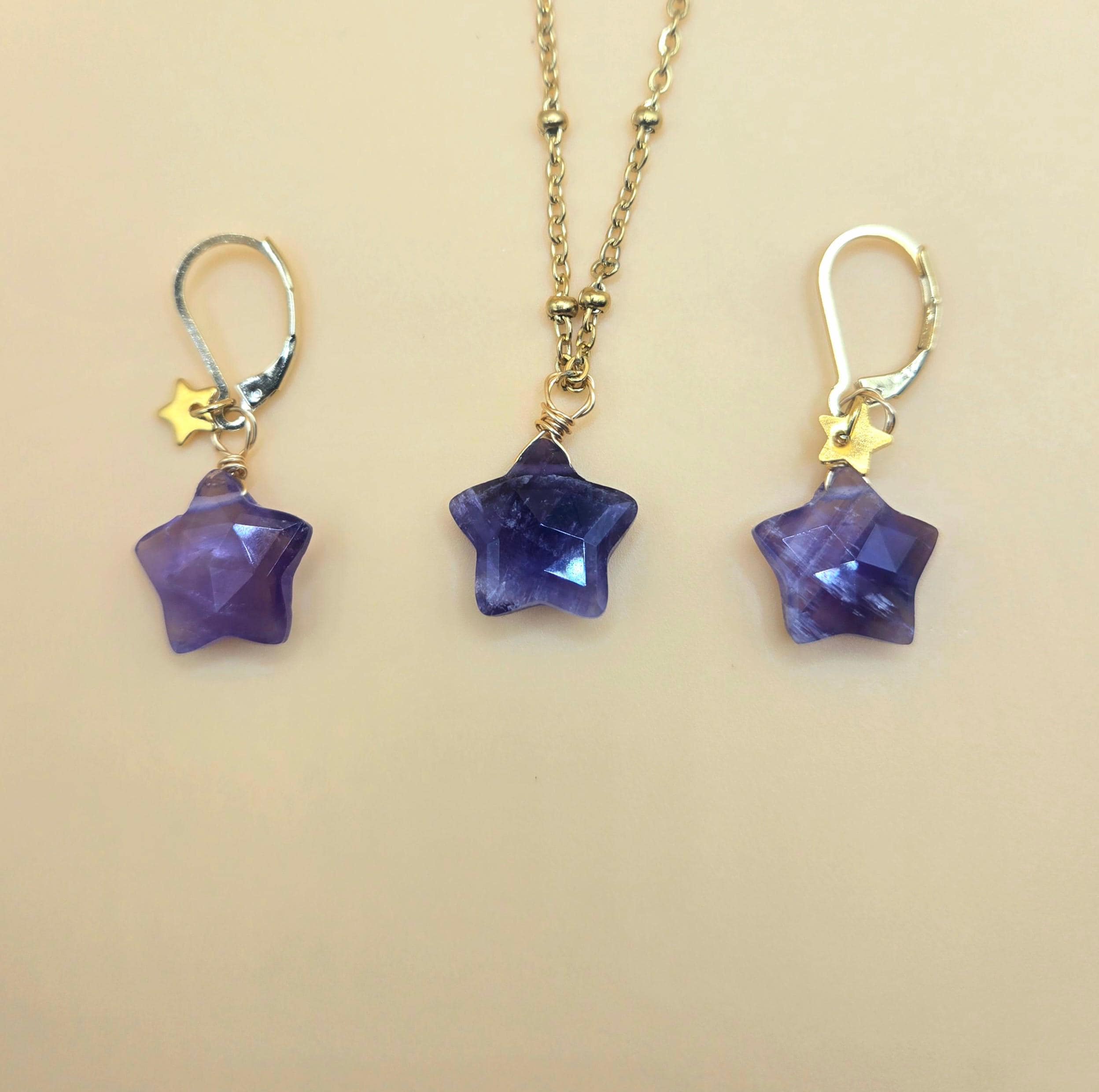 Natural Amethyst Star Jewelry Set, 18K Gold Plated Celestial Necklace, Earrings