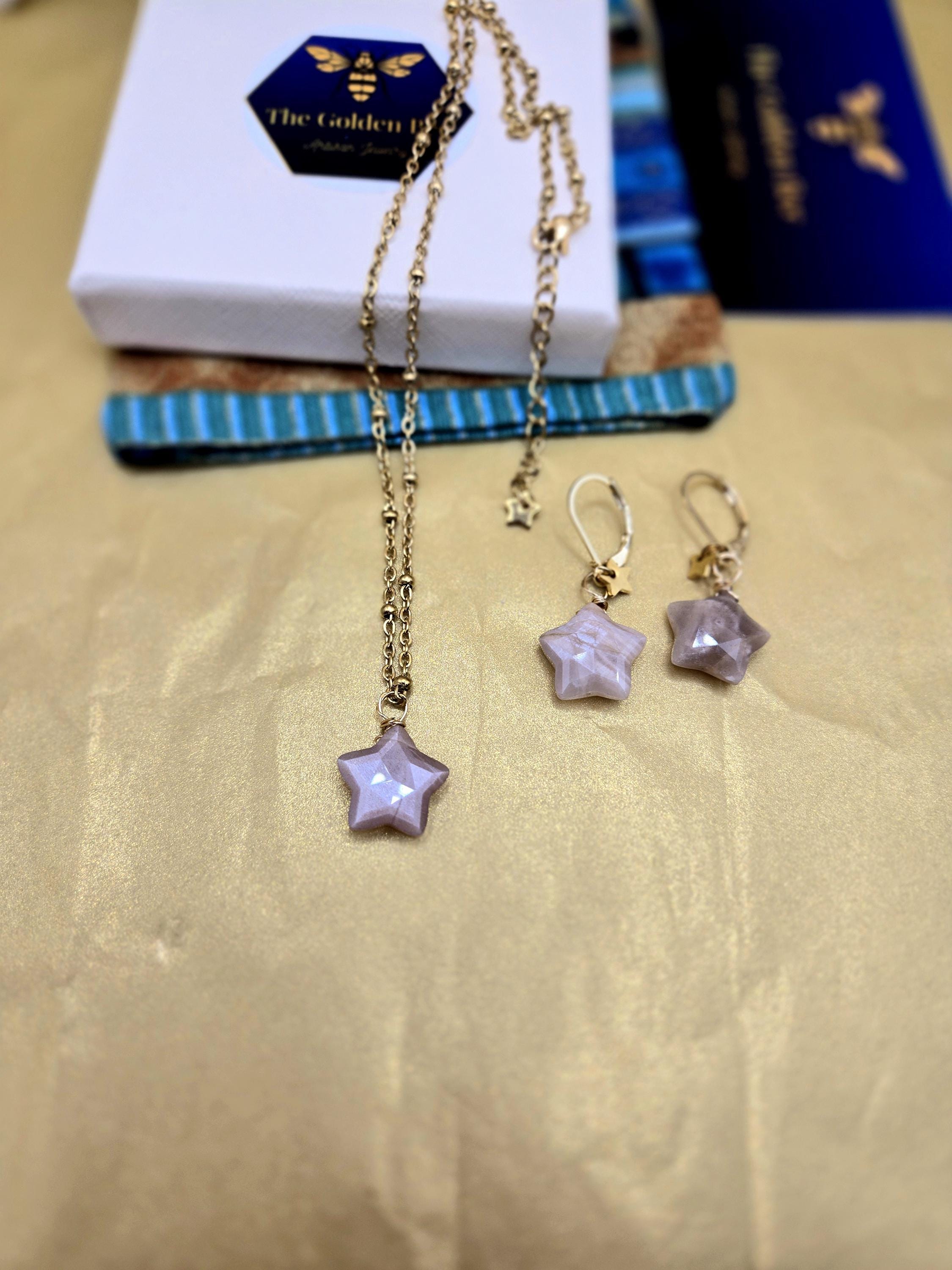 Peach Moonstone Star Jewelry Set, 18K Gold Celestial Necklace and Earrings