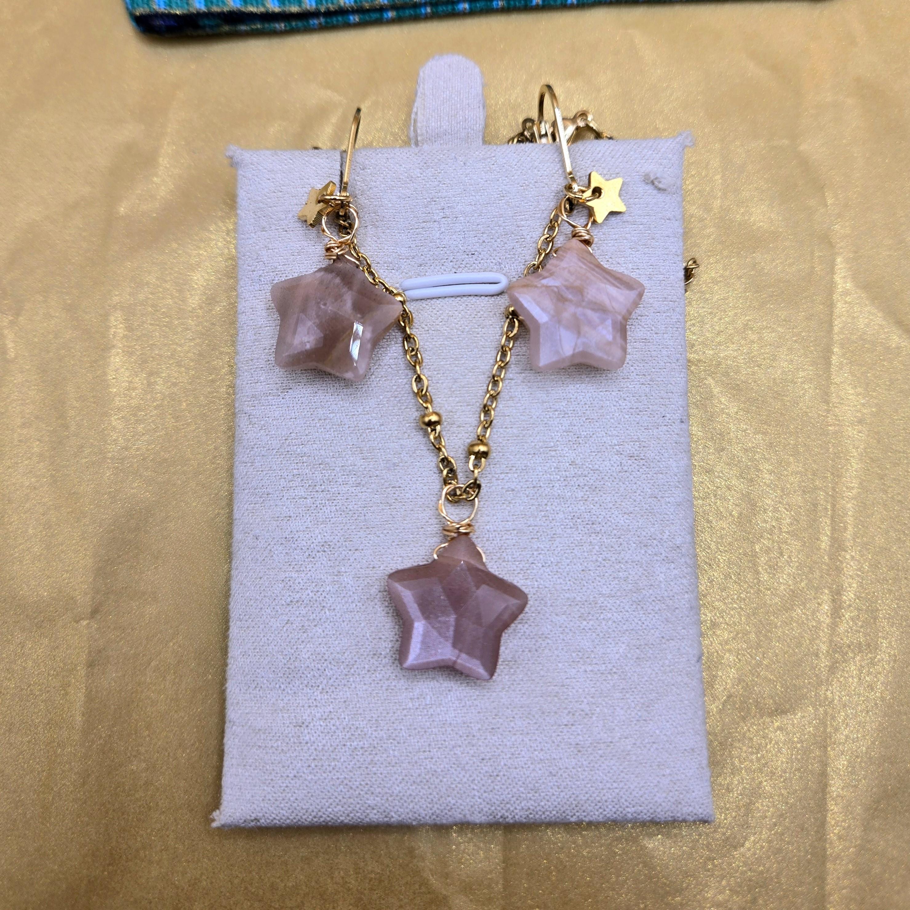 Peach Moonstone Star Jewelry Set, 18K Gold Celestial Necklace and Earrings