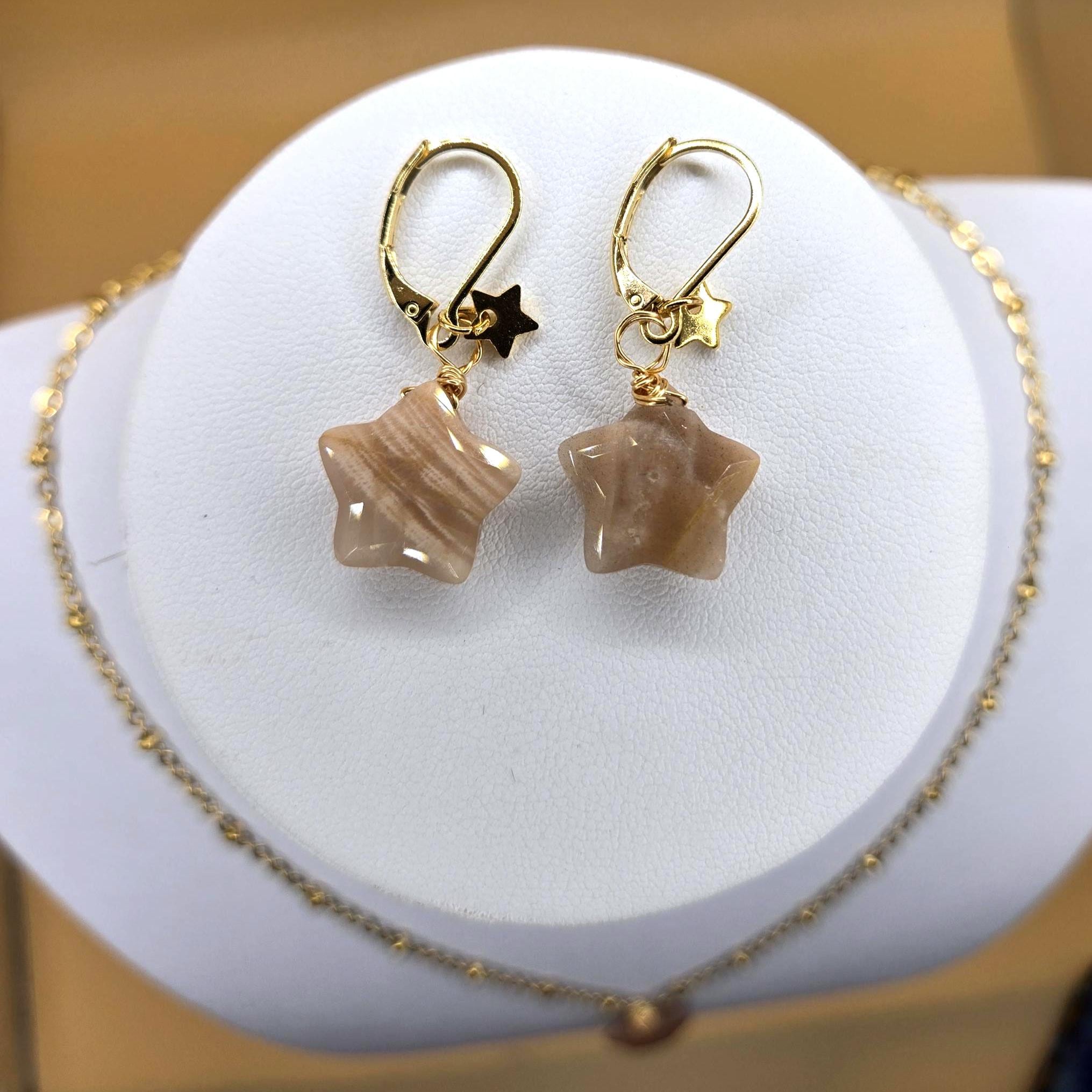 Peach Moonstone Star Jewelry Set, 18K Gold Celestial Necklace and Earrings