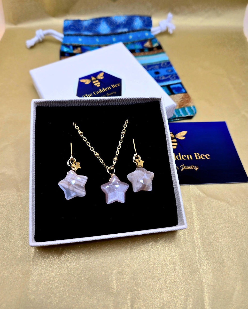 Peach Moonstone Star Jewelry Set, 18K Gold Celestial Necklace and Earrings