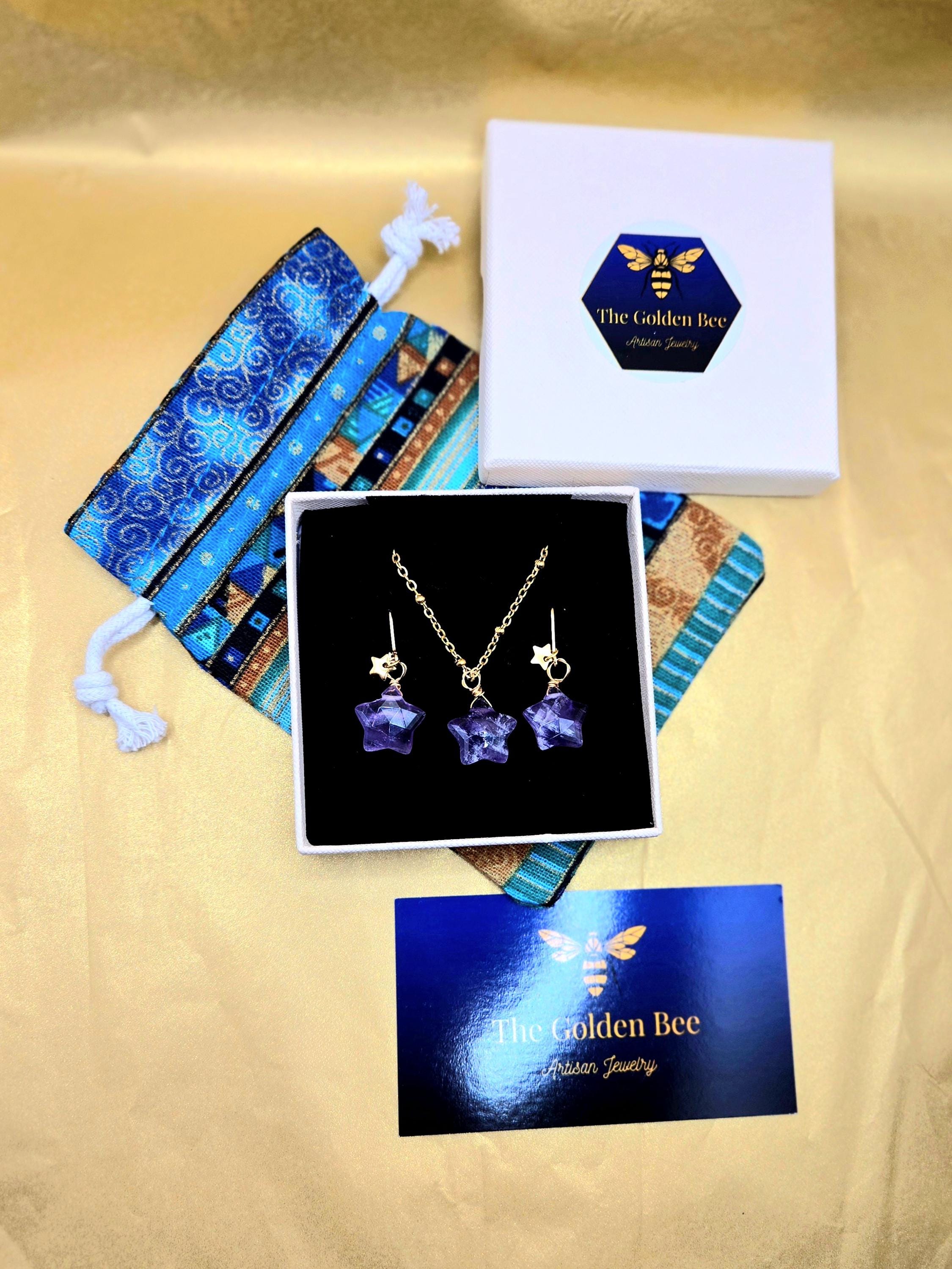 Natural Amethyst Star Jewelry Set, 18K Gold Plated Celestial Necklace, Earrings