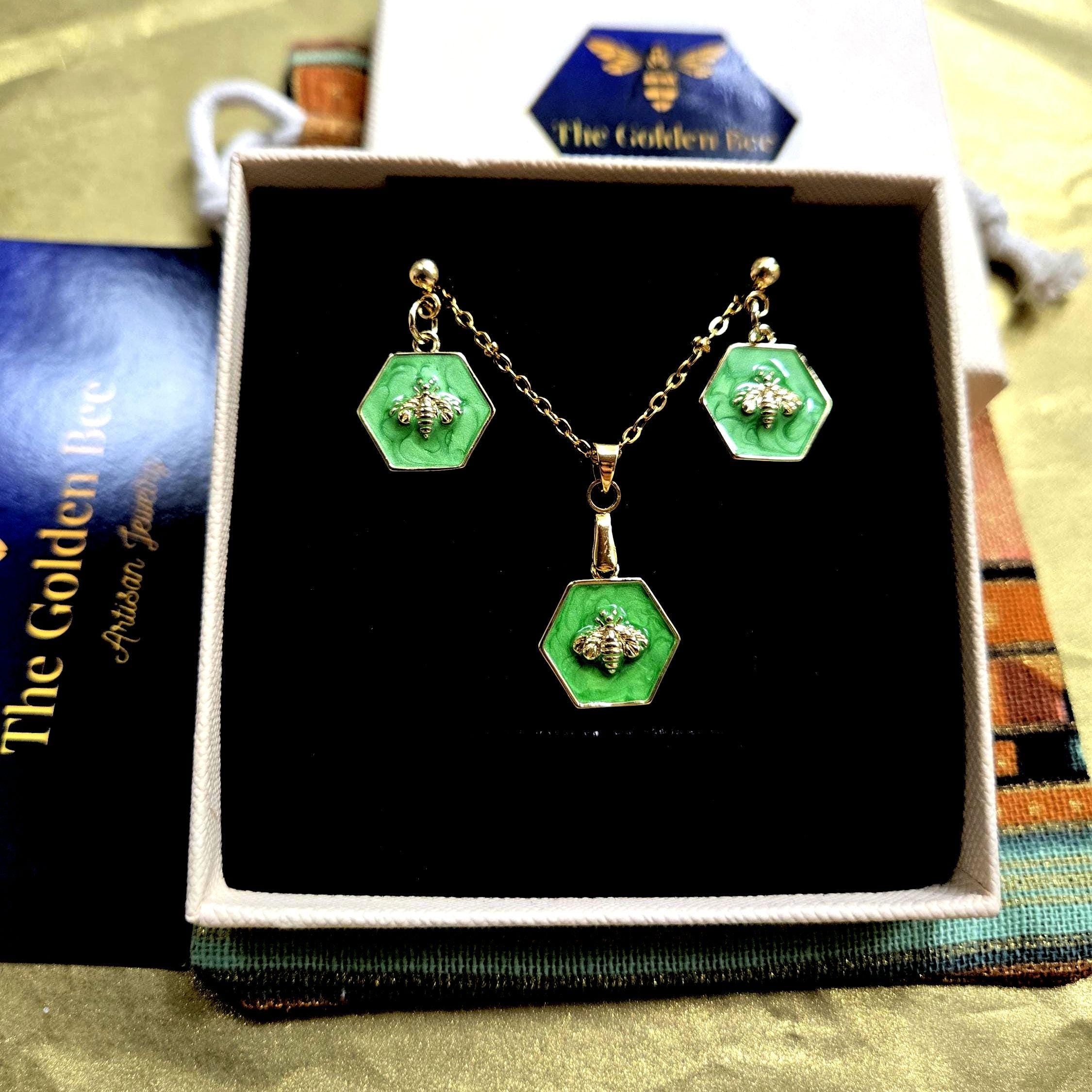 18K Gold Emerald Green Enamel Bee Jewelry Set, Hexagon Honeybee Necklace and Earring Set, Tarnish Resistant, Waterproof, Adjustable