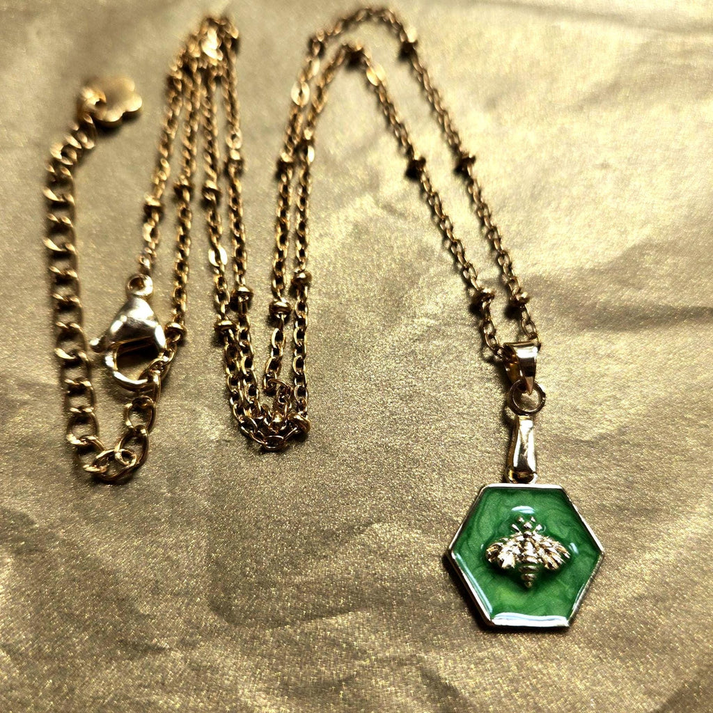 18K Gold Emerald Green Enamel Bee Jewelry Set, Hexagon Honeybee Necklace and Earring Set, Tarnish Resistant, Waterproof, Adjustable