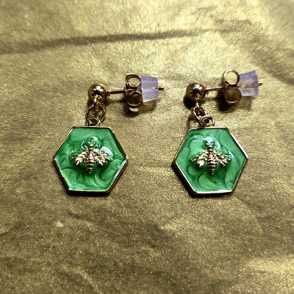 18K Gold Emerald Green Enamel Bee Jewelry Set, Hexagon Honeybee Necklace and Earring Set, Tarnish Resistant, Waterproof, Adjustable