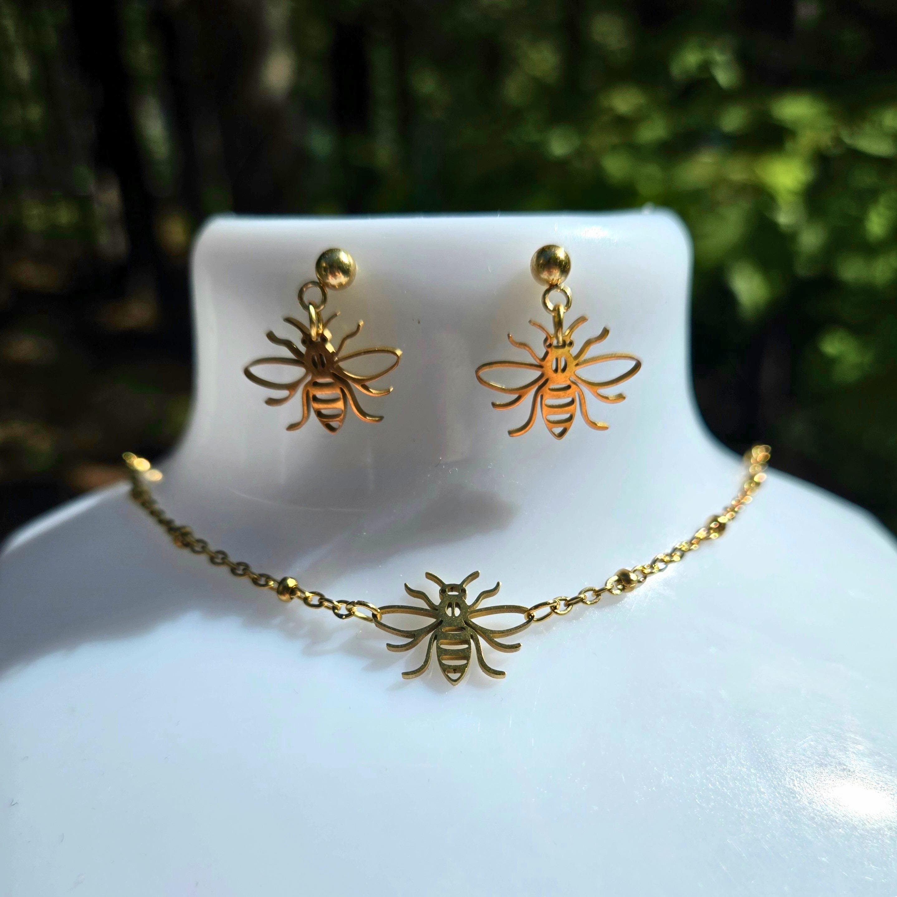 18K Gold Bee Charm Jewelry Set, Laser Cut Honeybee Necklace and Earring Set, Tarnish Resistant Waterproof Dainty Bee Jewelry, Gift for Her