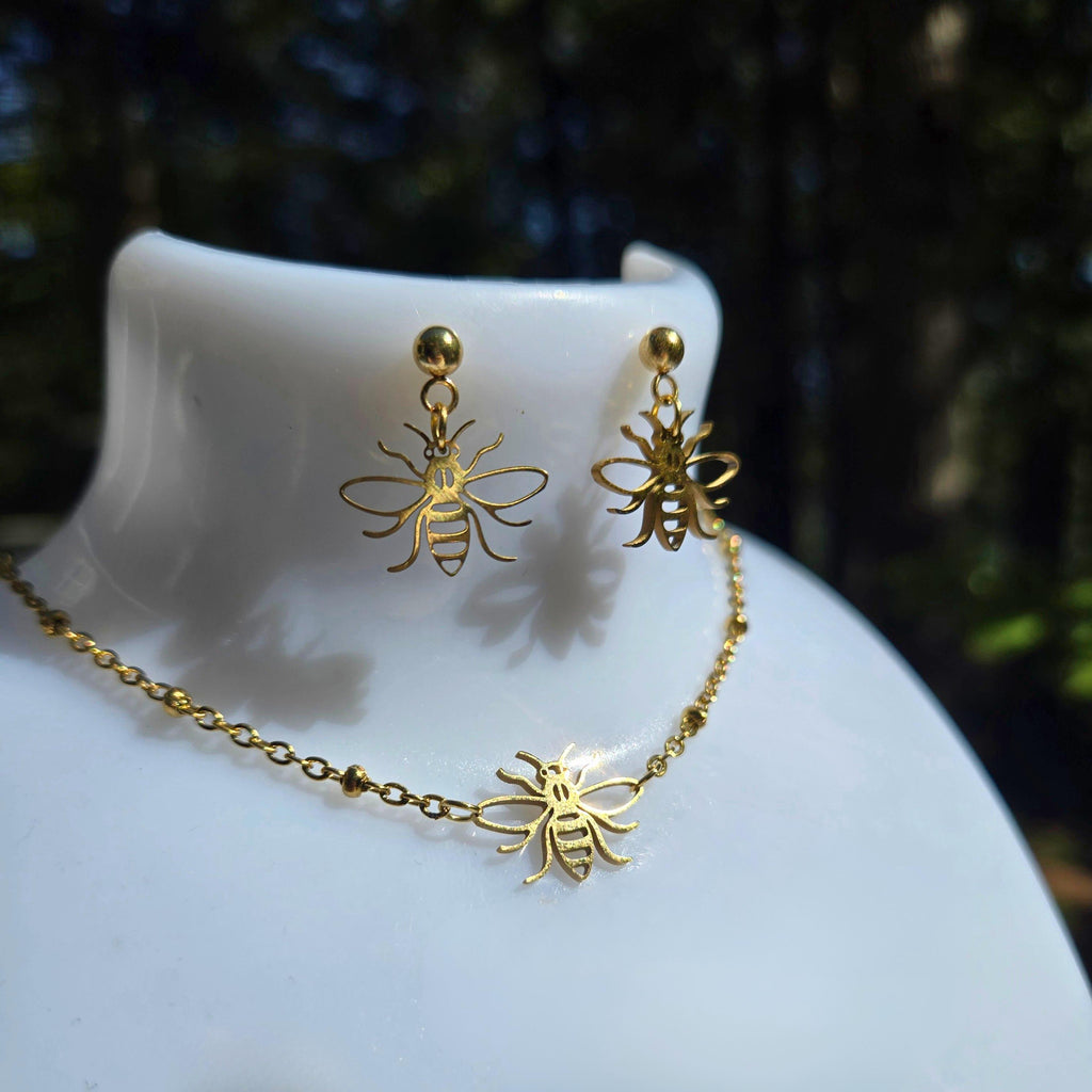 18K Gold Bee Charm Jewelry Set, Laser Cut Honeybee Necklace and Earring Set, Tarnish Resistant Waterproof Dainty Bee Jewelry, Gift for Her