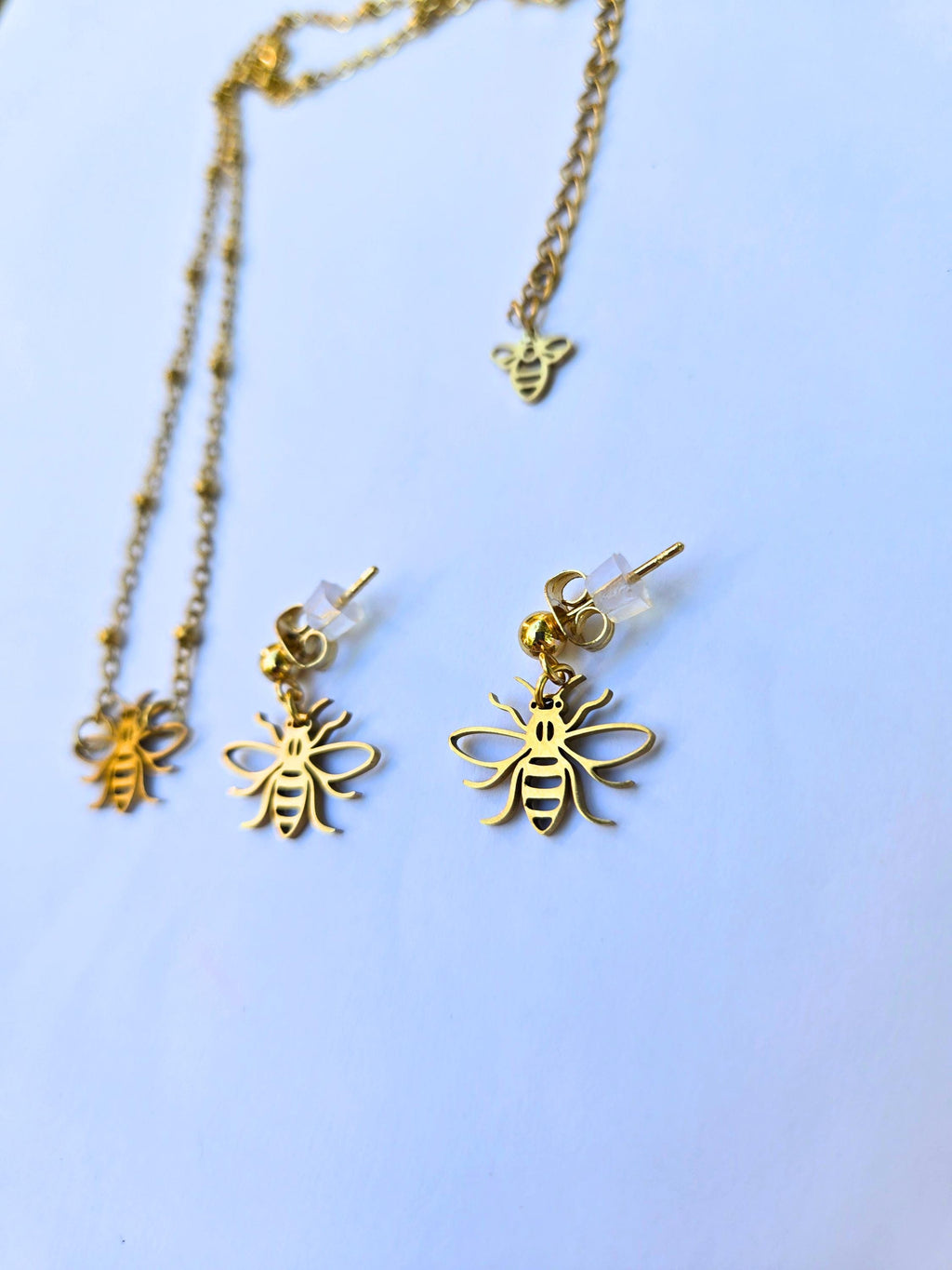 18K Gold Bee Charm Jewelry Set, Laser Cut Honeybee Necklace and Earring Set, Tarnish Resistant Waterproof Dainty Bee Jewelry, Gift for Her