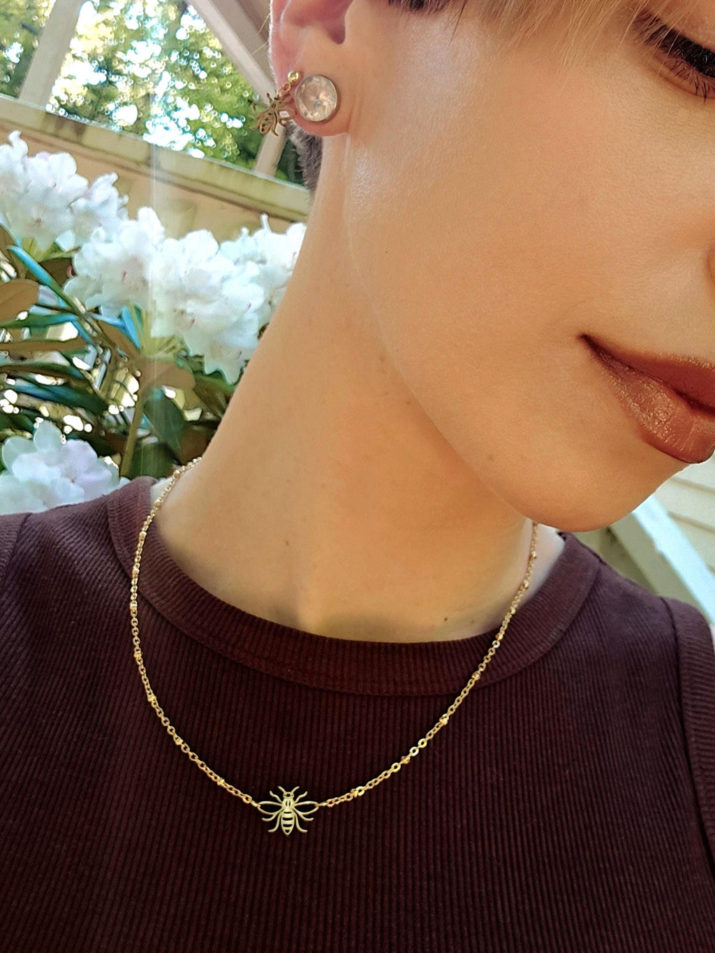 18K Gold Bee Charm Jewelry Set, Laser Cut Honeybee Necklace and Earring Set, Tarnish Resistant Waterproof Dainty Bee Jewelry, Gift for Her
