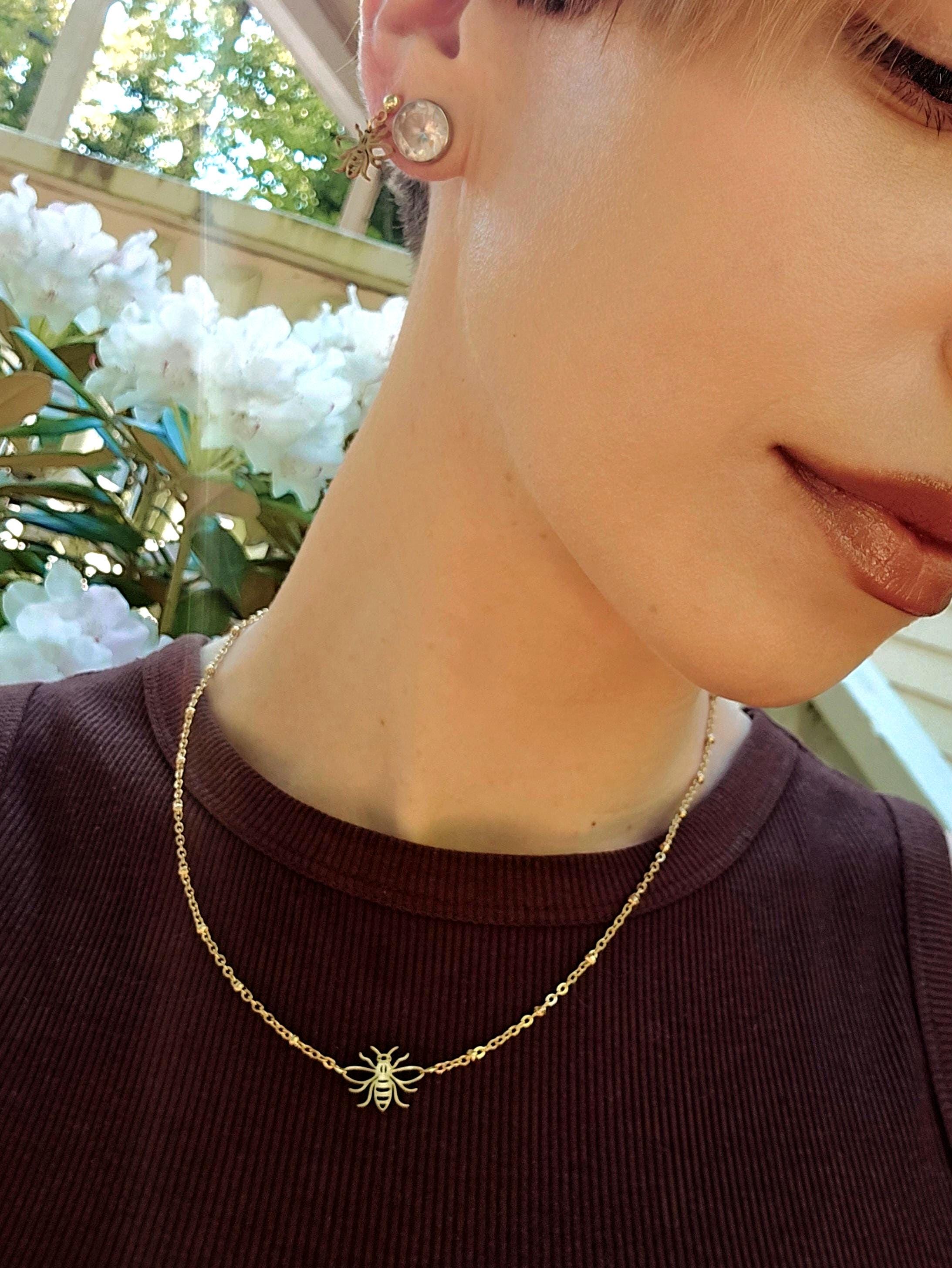 18K Gold Bee Charm Jewelry Set, Laser Cut Honeybee Necklace and Earring Set, Tarnish Resistant Waterproof Dainty Bee Jewelry, Gift for Her