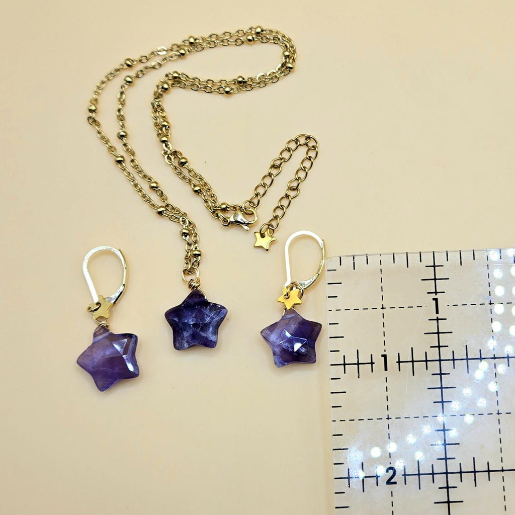 Natural Amethyst Star Jewelry Set, 18K Gold Plated Celestial Necklace, Earrings