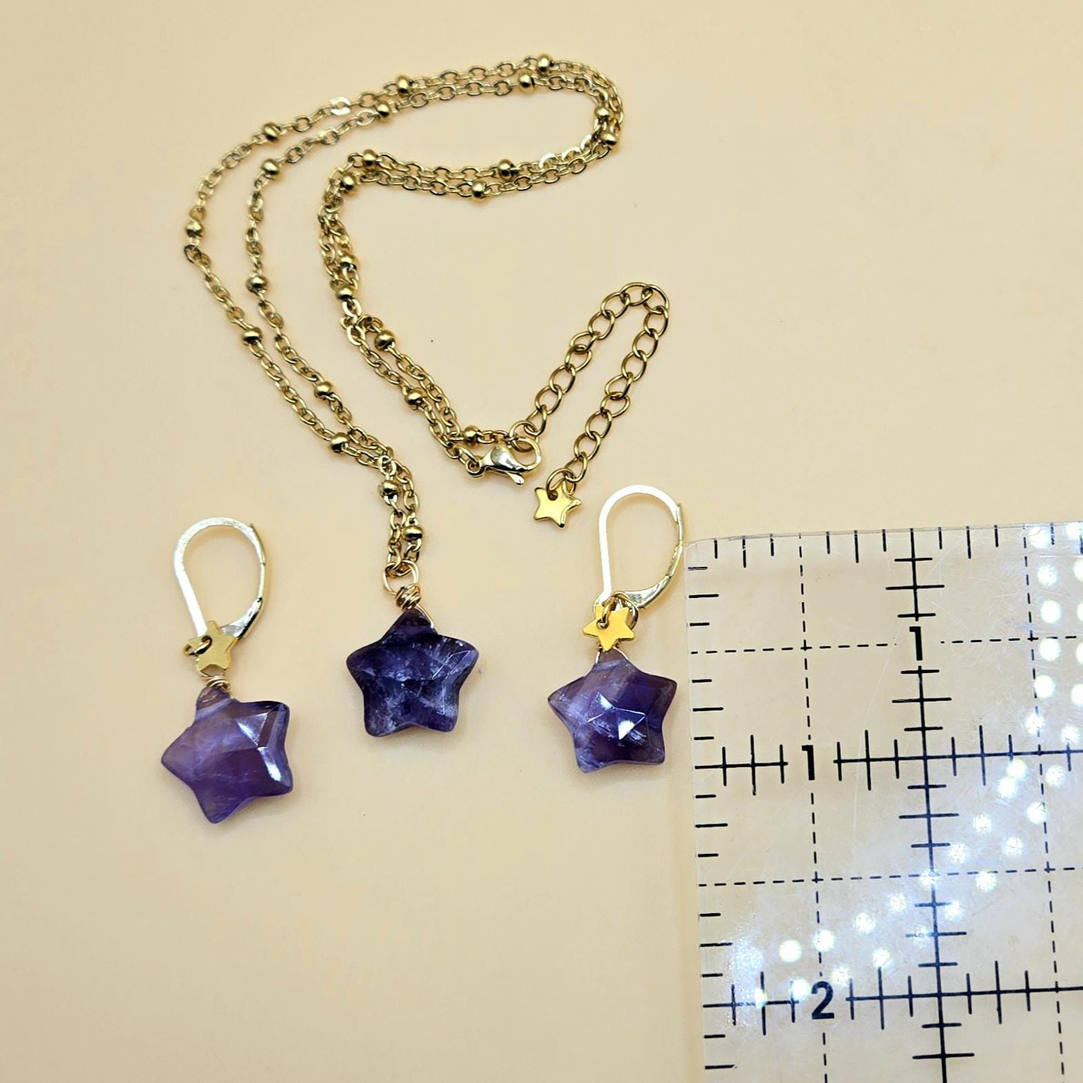 Natural Amethyst Star Jewelry Set, 18K Gold Plated Celestial Necklace, Earrings
