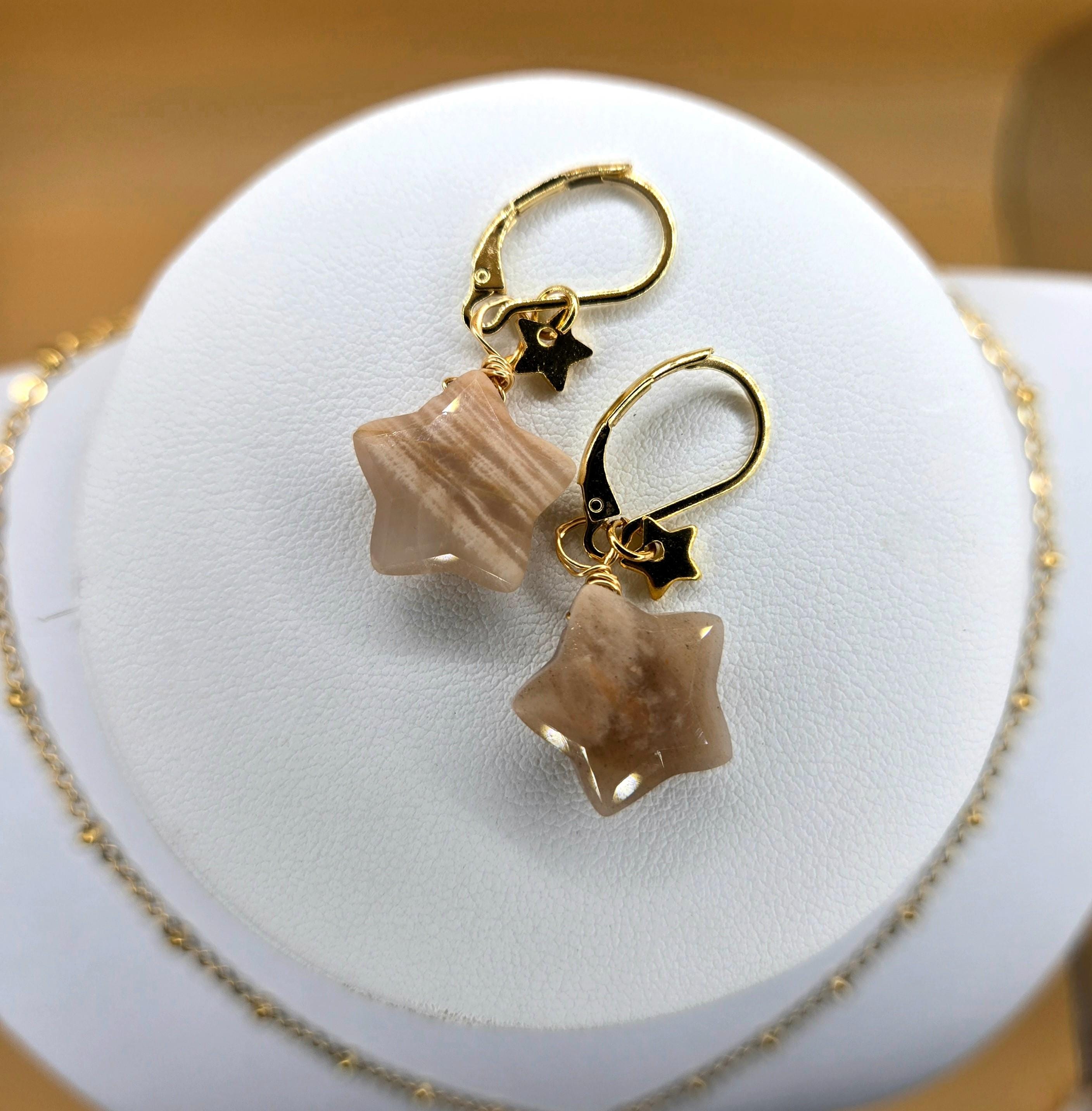 Peach Moonstone Star Jewelry Set, 18K Gold Celestial Necklace and Earrings
