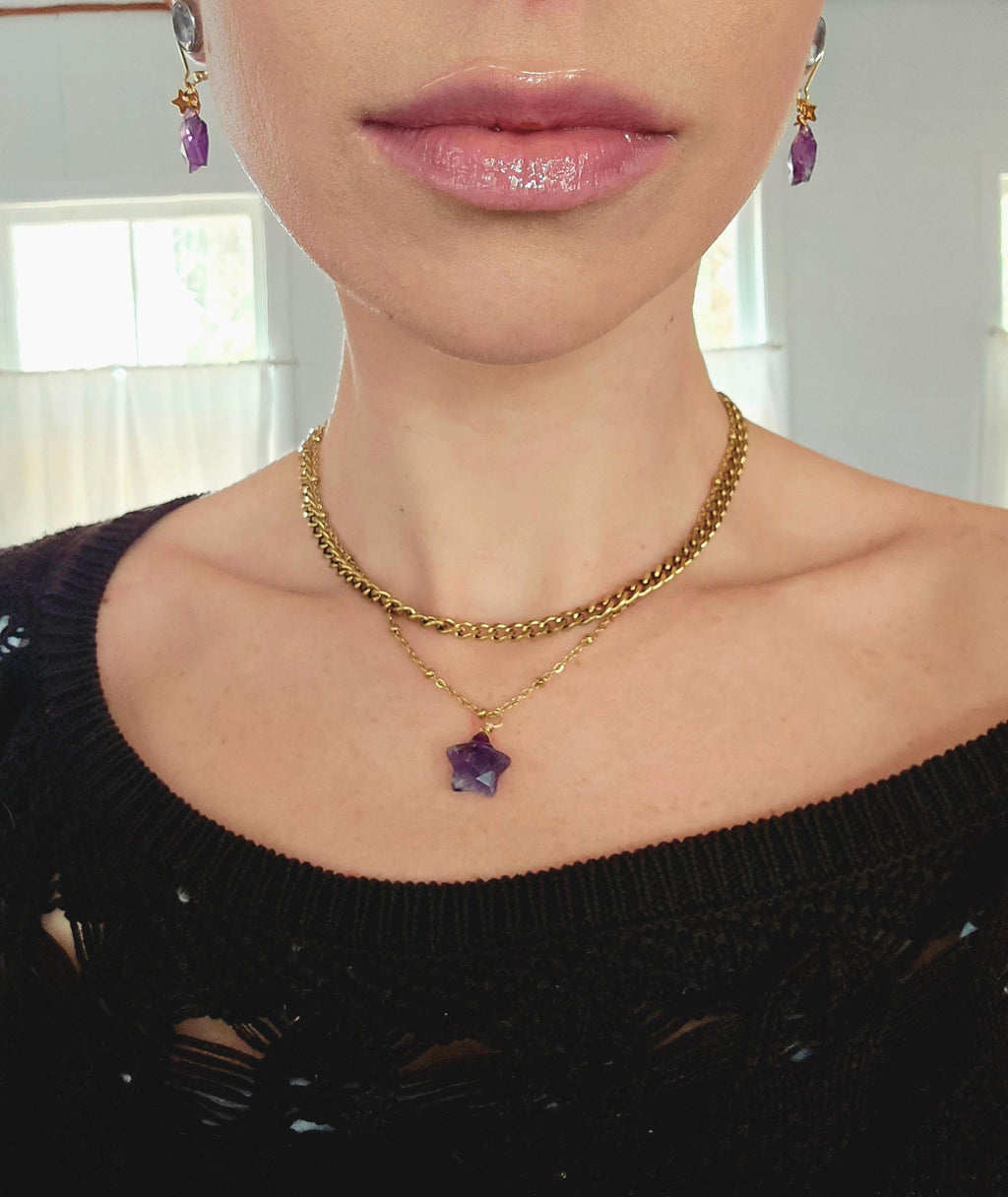 Natural Amethyst Star Jewelry Set, 18K Gold Plated Celestial Necklace, Earrings