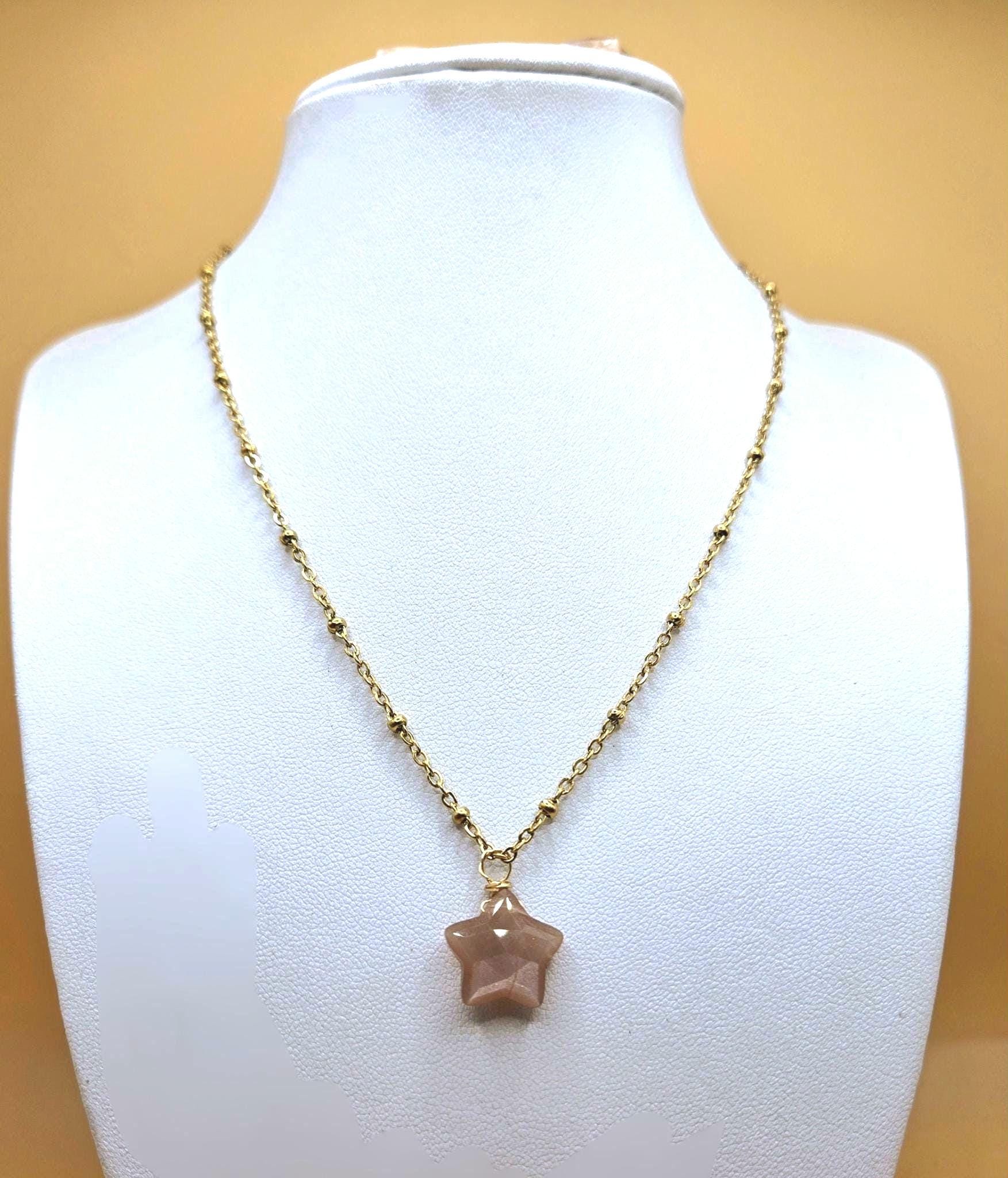 Peach Moonstone Star Jewelry Set, 18K Gold Celestial Necklace and Earrings