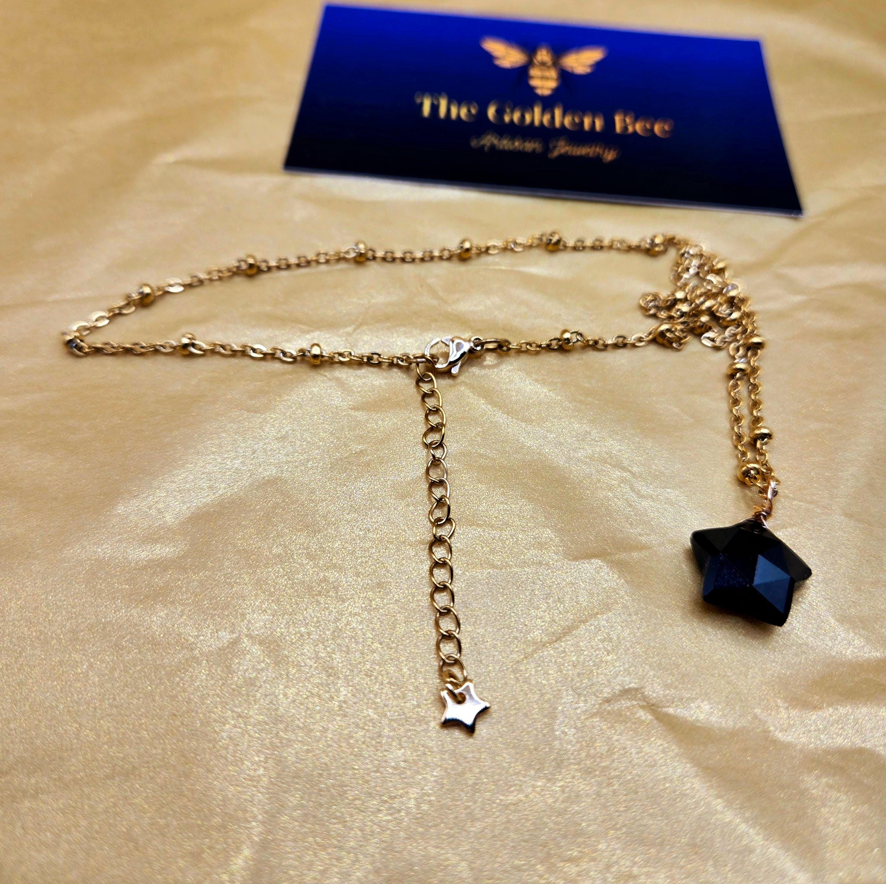 Natural Obsidian Star Jewelry Set, 18K Gold Plated Celestial Necklace, Earrings