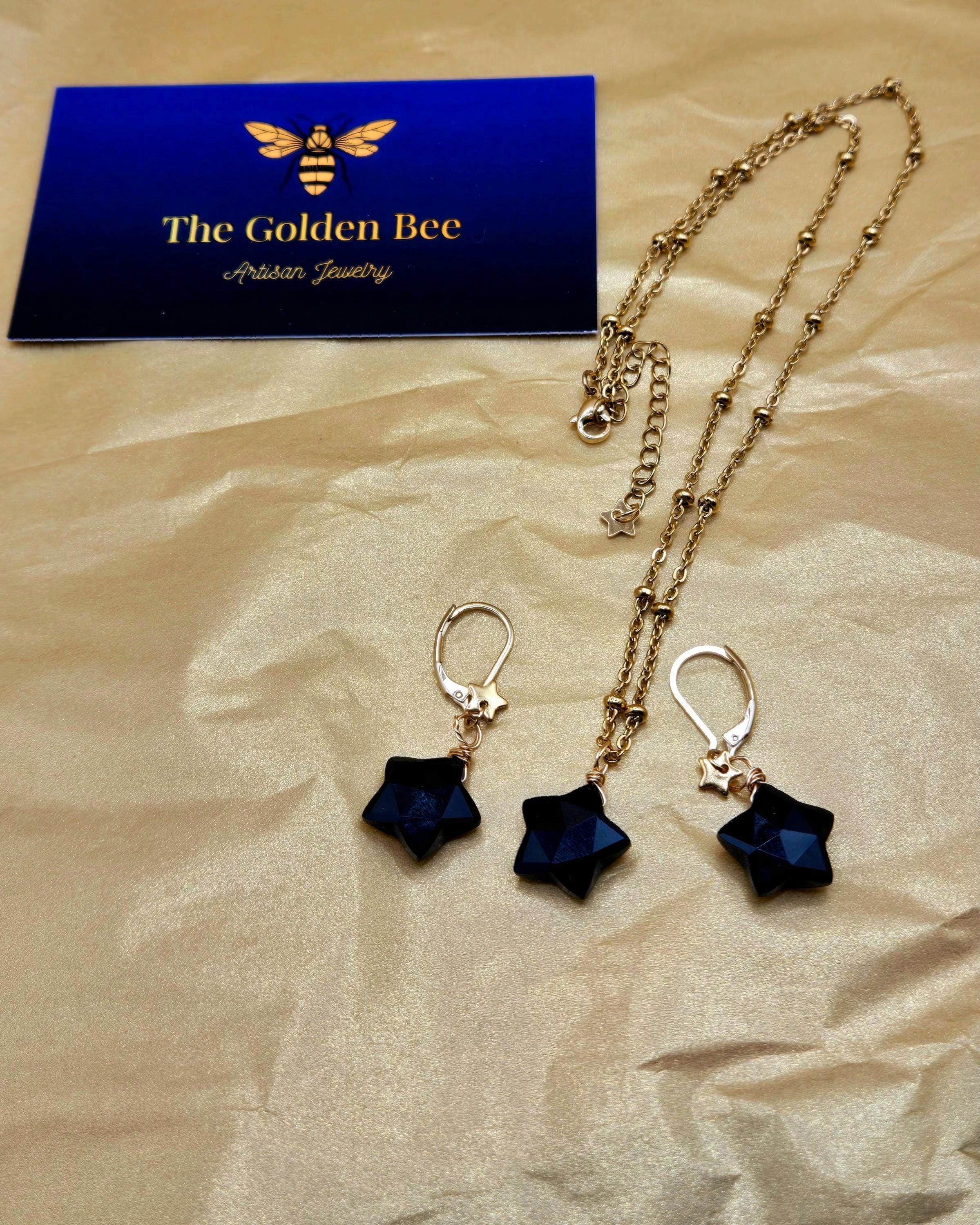 Natural Obsidian Star Jewelry Set, 18K Gold Plated Celestial Necklace, Earrings
