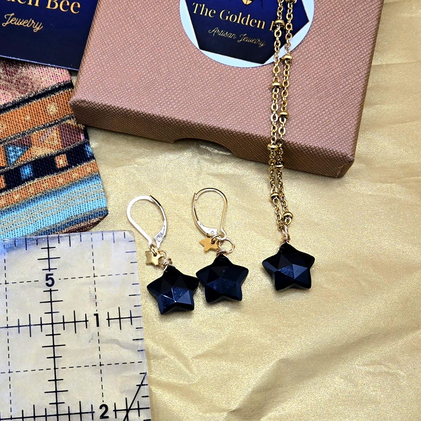 Natural Obsidian Star Jewelry Set, 18K Gold Plated Celestial Necklace, Earrings