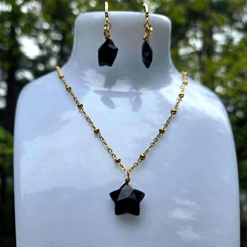 Natural Obsidian Star Jewelry Set, 18K Gold Plated Celestial Necklace, Earrings