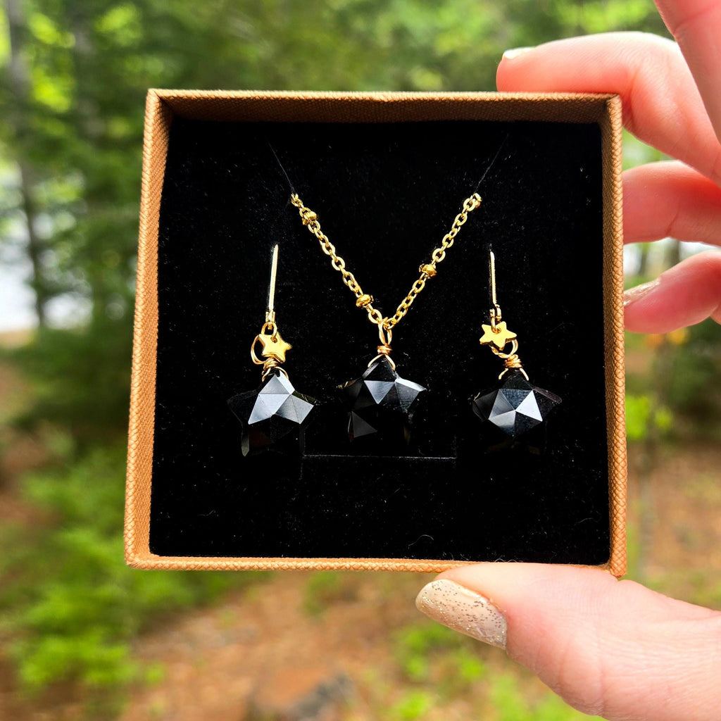 Natural Obsidian Star Jewelry Set, 18K Gold Plated Celestial Necklace, Earrings