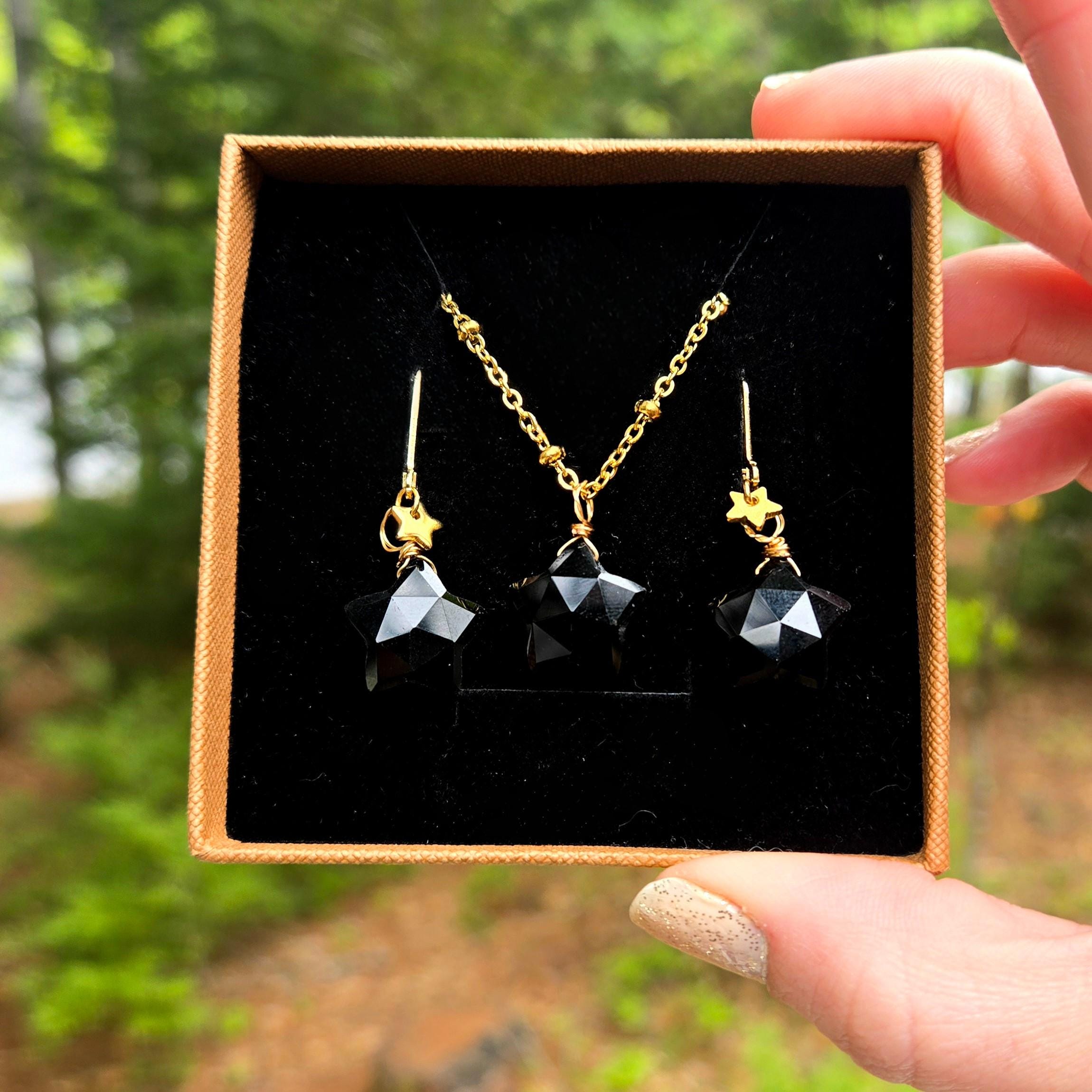 Natural Obsidian Star Jewelry Set, 18K Gold Plated Celestial Necklace, Earrings