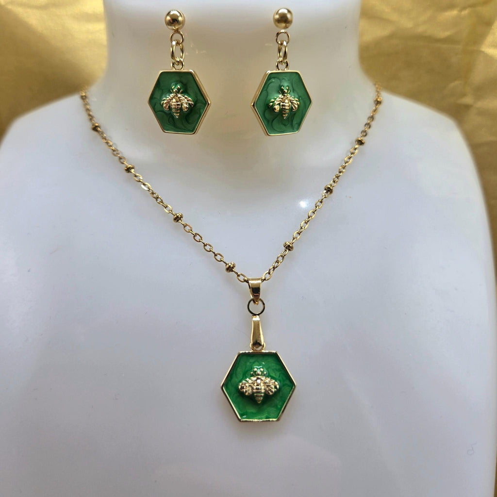 18K Gold Emerald Green Enamel Bee Jewelry Set, Hexagon Honeybee Necklace and Earring Set, Tarnish Resistant, Waterproof, Adjustable