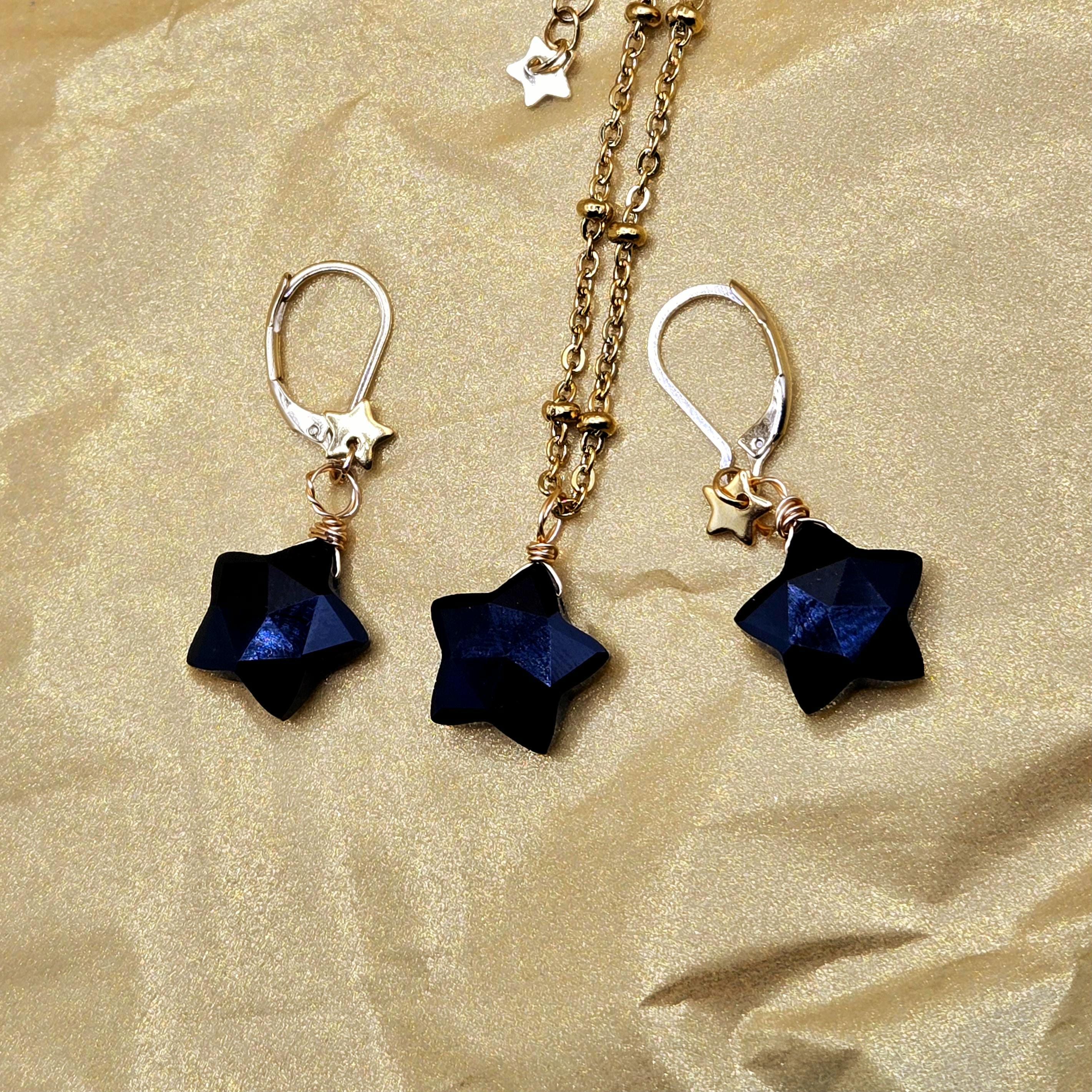 Natural Obsidian Star Jewelry Set, 18K Gold Plated Celestial Necklace, Earrings