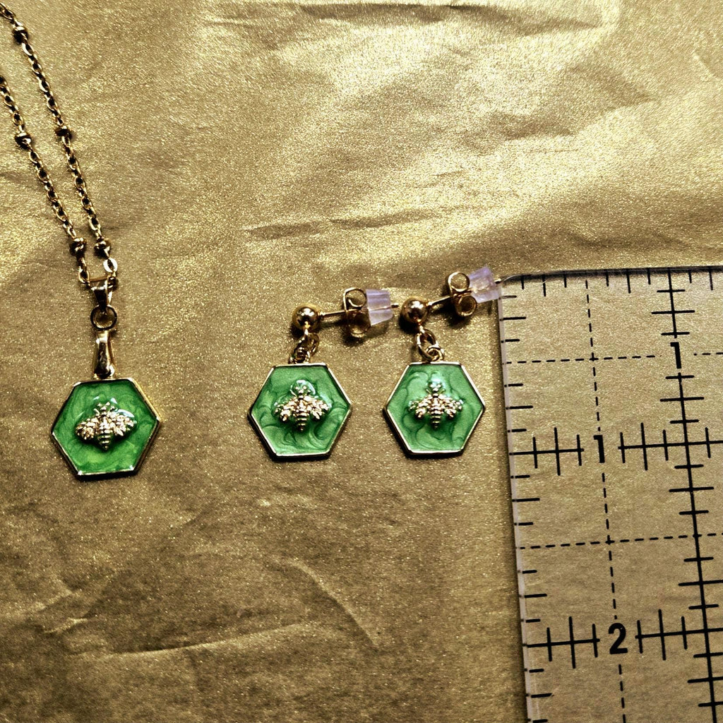 18K Gold Emerald Green Enamel Bee Jewelry Set, Hexagon Honeybee Necklace and Earring Set, Tarnish Resistant, Waterproof, Adjustable