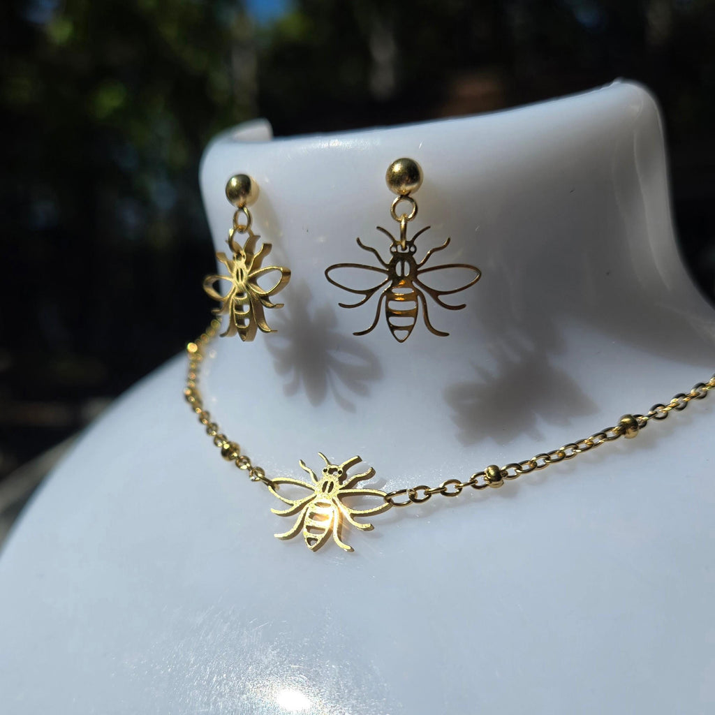 18K Gold Bee Charm Jewelry Set, Laser Cut Honeybee Necklace and Earring Set, Tarnish Resistant Waterproof Dainty Bee Jewelry, Gift for Her