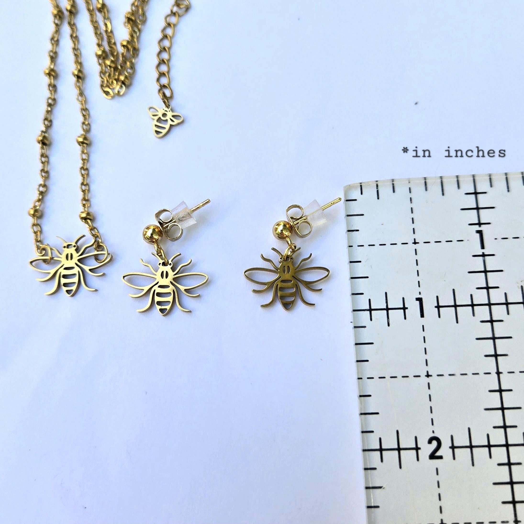 18K Gold Bee Charm Jewelry Set, Laser Cut Honeybee Necklace and Earring Set, Tarnish Resistant Waterproof Dainty Bee Jewelry, Gift for Her