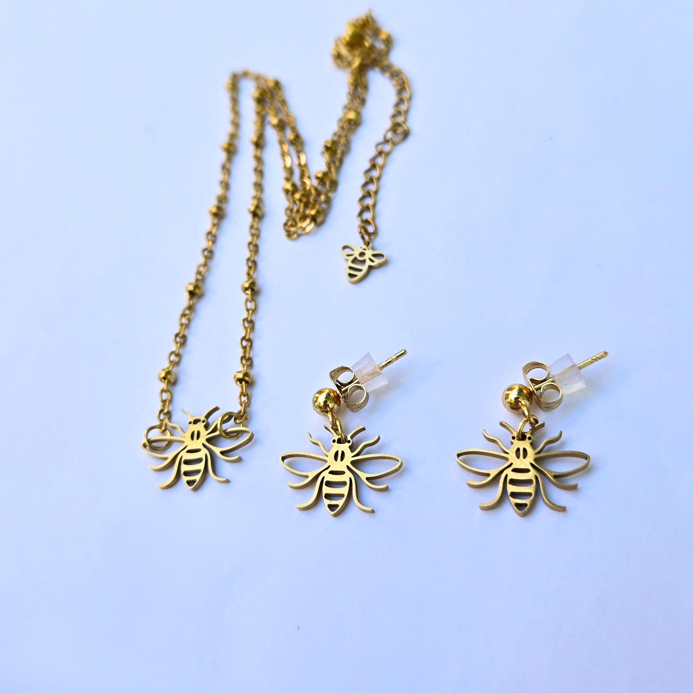 18K Gold Bee Charm Jewelry Set, Laser Cut Honeybee Necklace and Earring Set, Tarnish Resistant Waterproof Dainty Bee Jewelry, Gift for Her