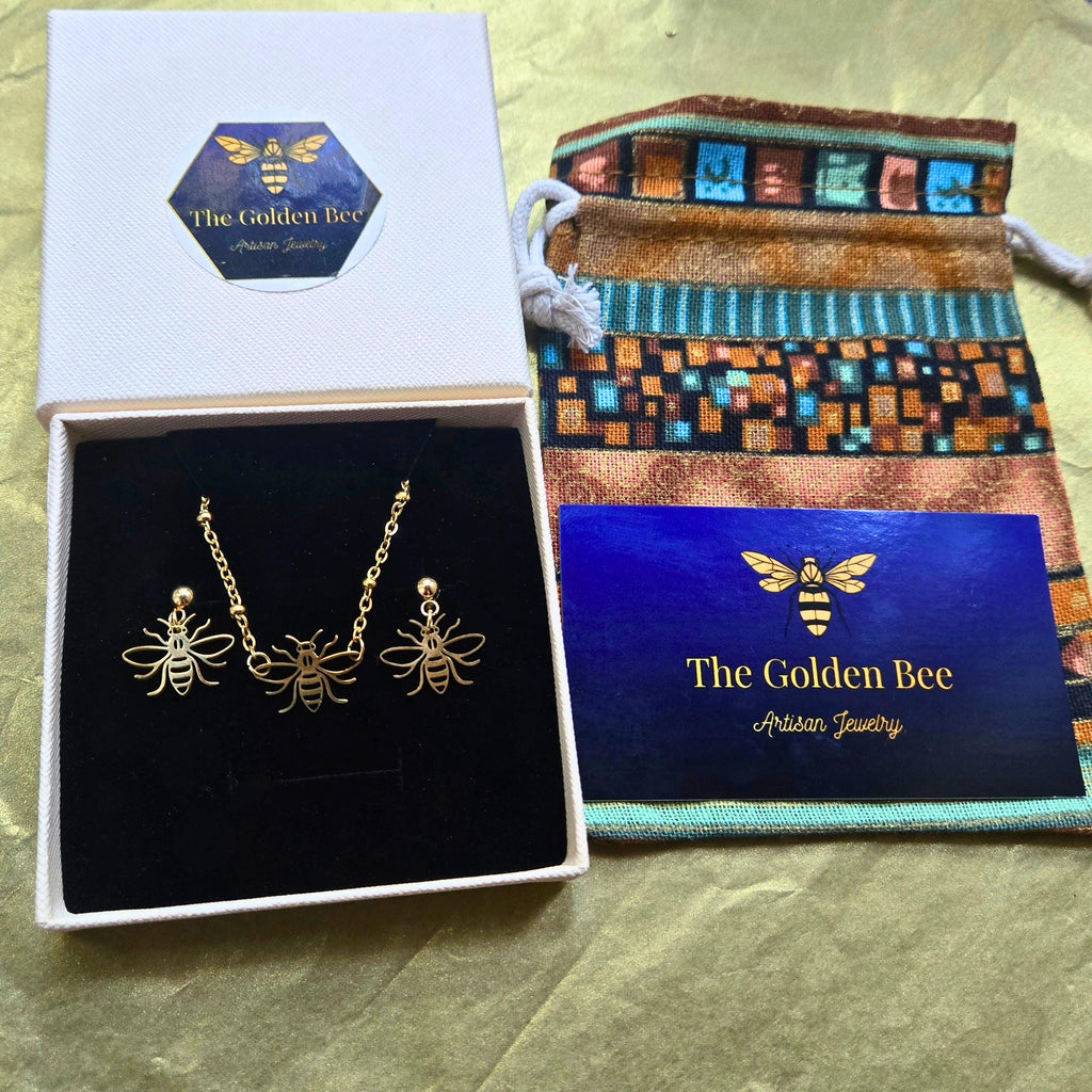 18K Gold Bee Charm Jewelry Set, Laser Cut Honeybee Necklace and Earring Set, Tarnish Resistant Waterproof Dainty Bee Jewelry, Gift for Her