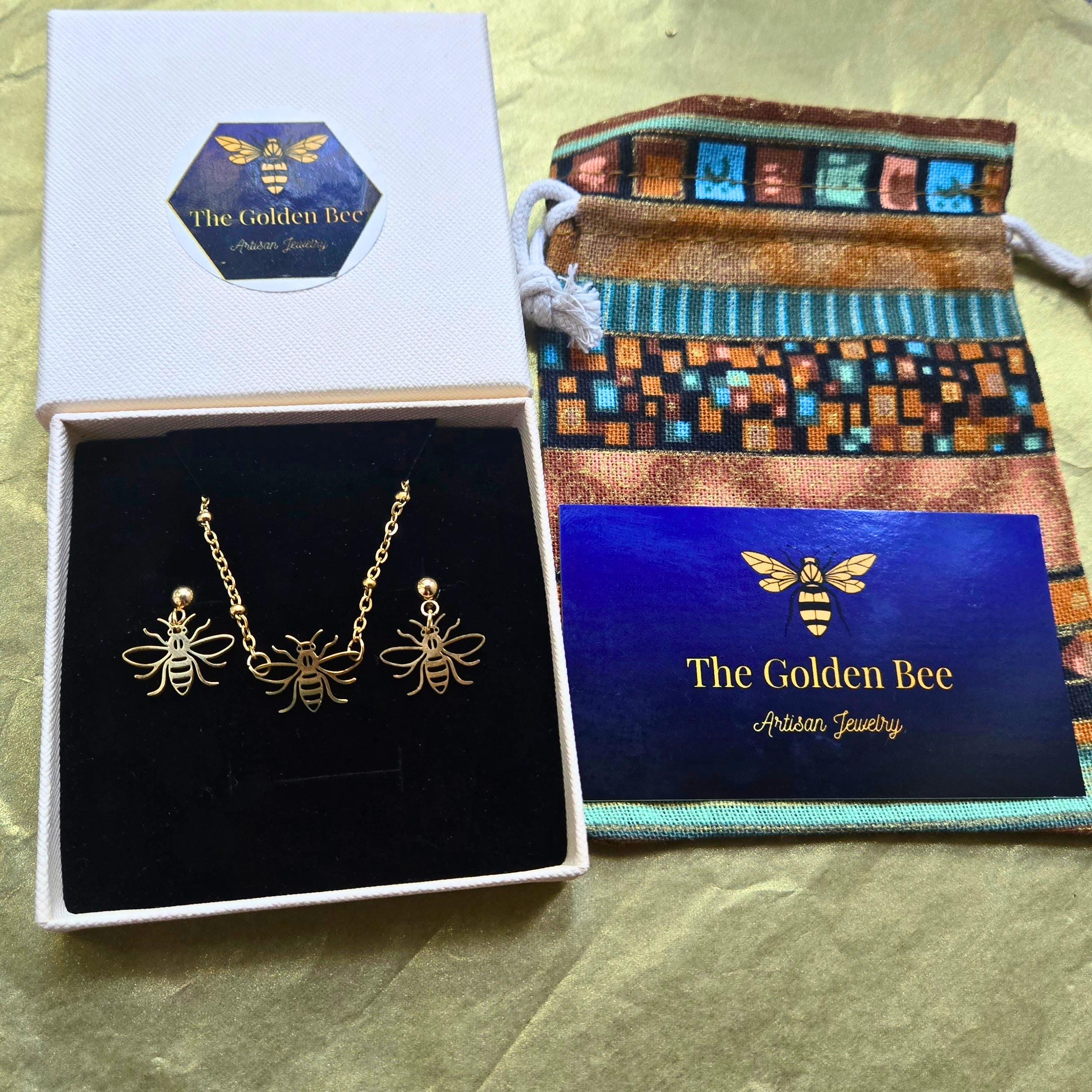 18K Gold Bee Charm Jewelry Set, Laser Cut Honeybee Necklace and Earring Set, Tarnish Resistant Waterproof Dainty Bee Jewelry, Gift for Her