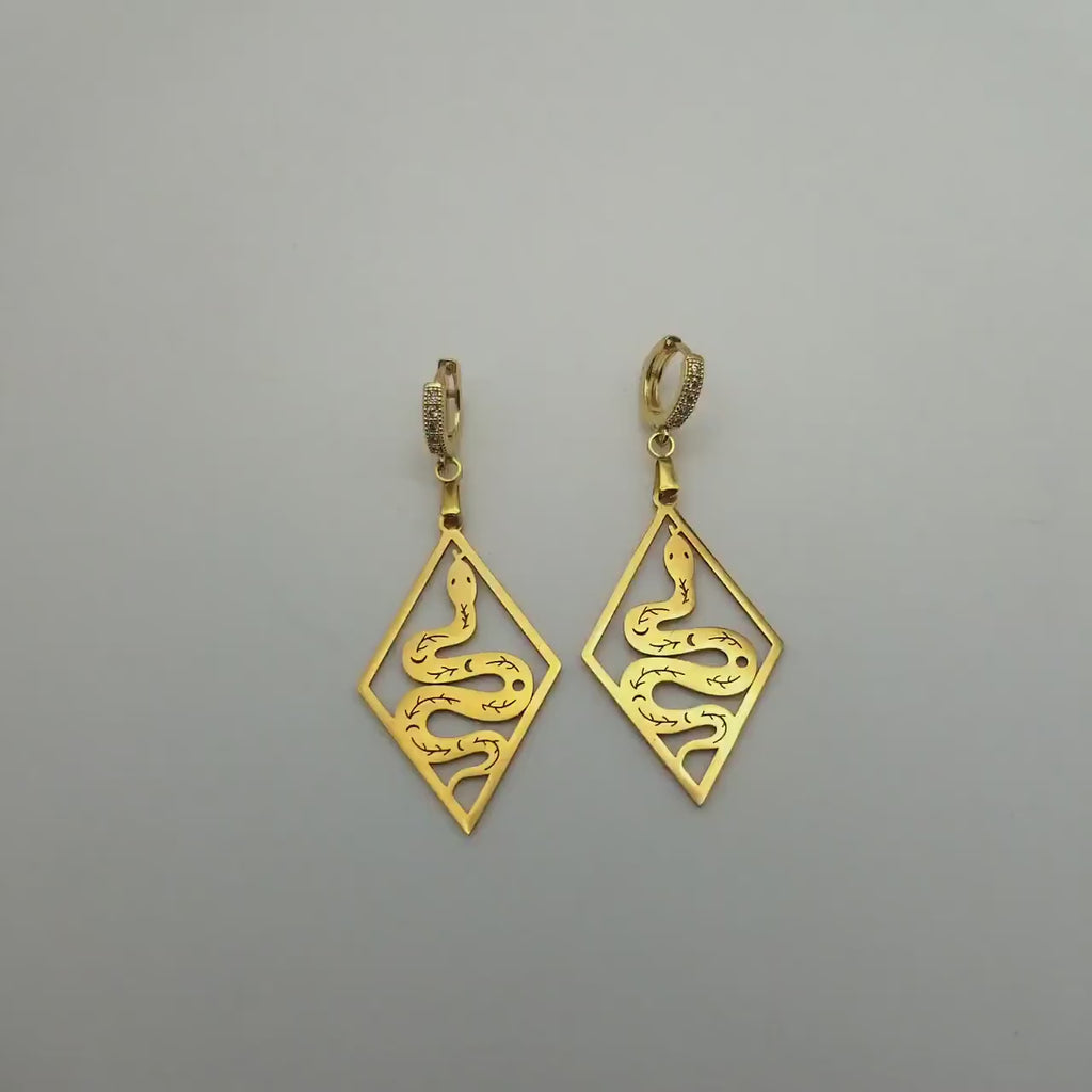 Egyptian Snake Drop Earrings, 18k Gold Plated Serpent Huggies, Waterproof Celestial Jewelry