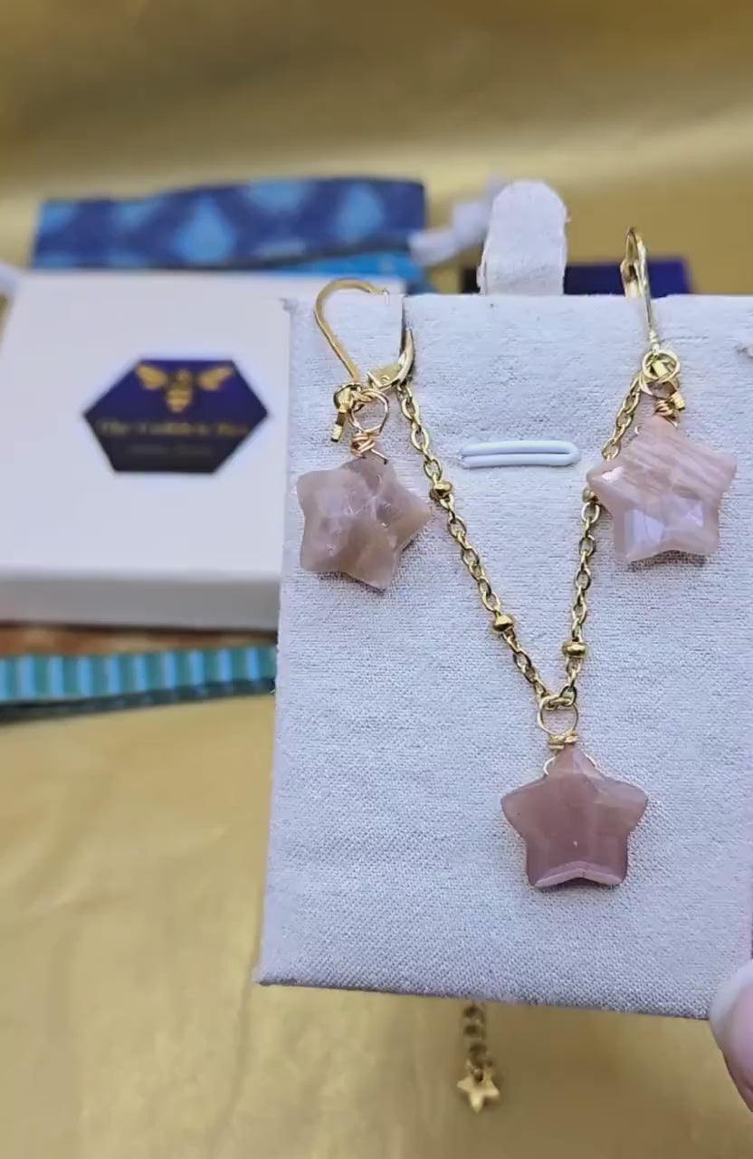 Peach Moonstone Star Jewelry Set, 18K Gold Celestial Necklace and Earrings
