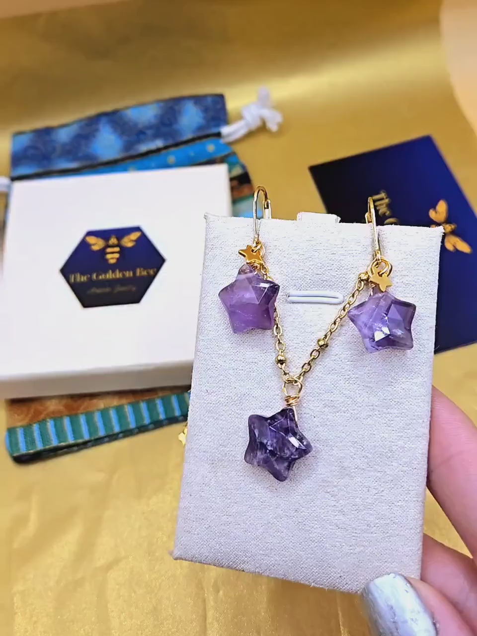 Natural Amethyst Star Jewelry Set, 18K Gold Plated Celestial Necklace, Earrings
