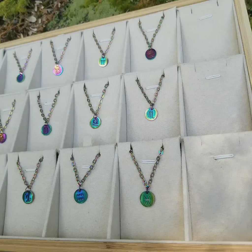 Rainbow Zodiac Charm Necklace: Waterproof Stainless Steel Astrology Pendant