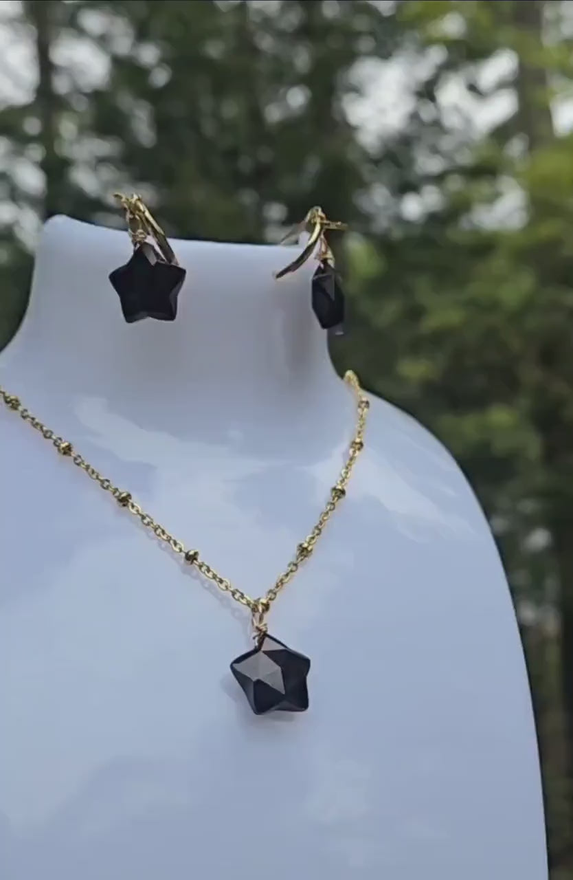 Natural Obsidian Star Jewelry Set, 18K Gold Plated Celestial Necklace, Earrings