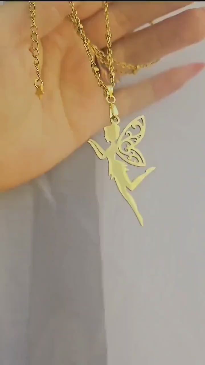 18k Gold Fairy Necklace, Tinkerbell Pendant, Satellite Chain, Waterproof Whimsical Jewelry