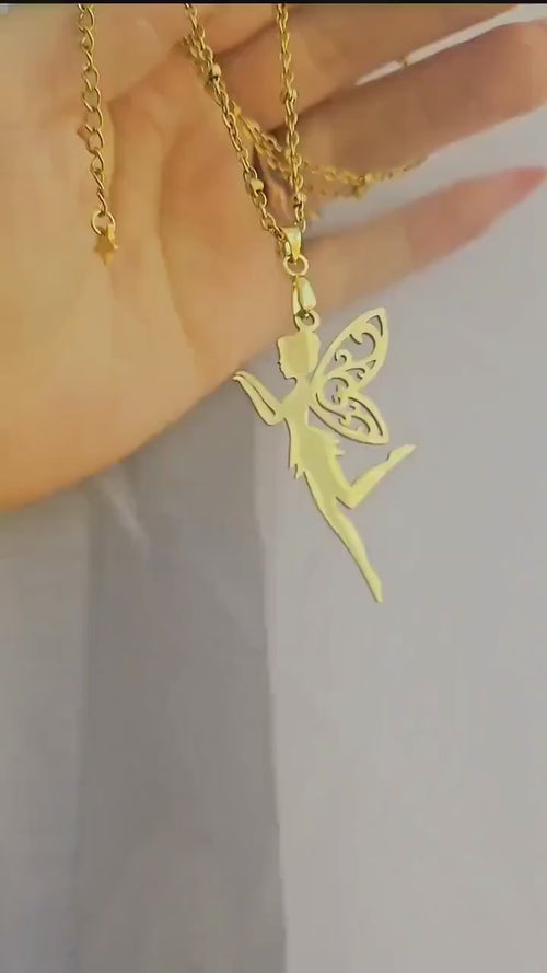 18k Gold Fairy Necklace, Tinkerbell Pendant, Satellite Chain, Waterproof Whimsical Jewelry