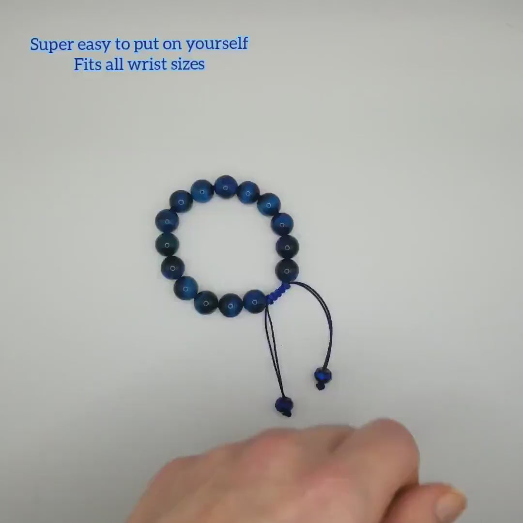 Blue Tiger's Eye Macrame Bracelet, Natural Protection Stone, Adjustable Beaded Jewelry
