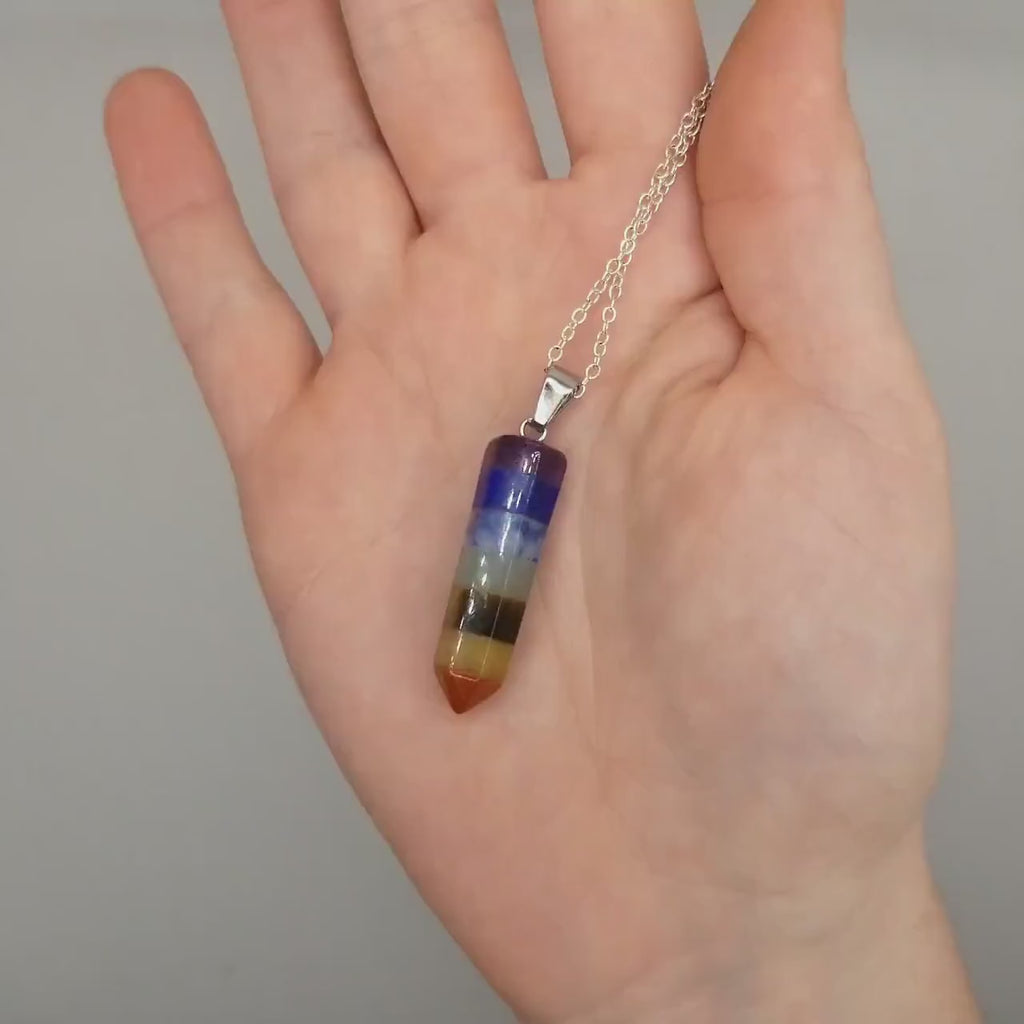 Sterling Silver 7 Chakra Stone Pendant Necklace - Meditation Jewelry